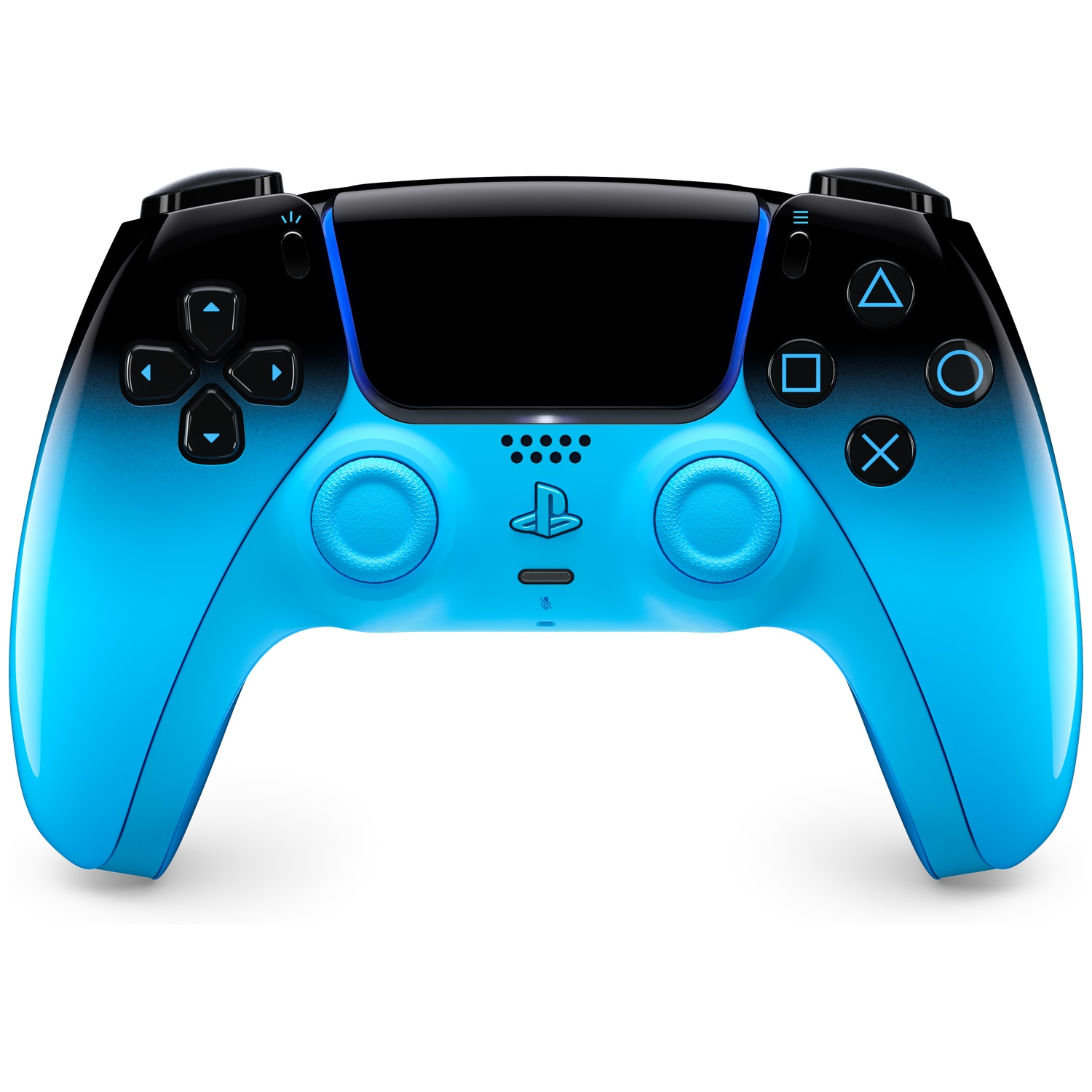 A blue and black controller with Playstation symbols and buttons.