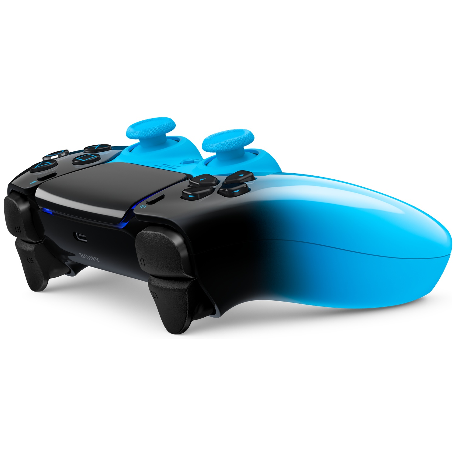 Black controller with blue accents and joysticks, on a white background.