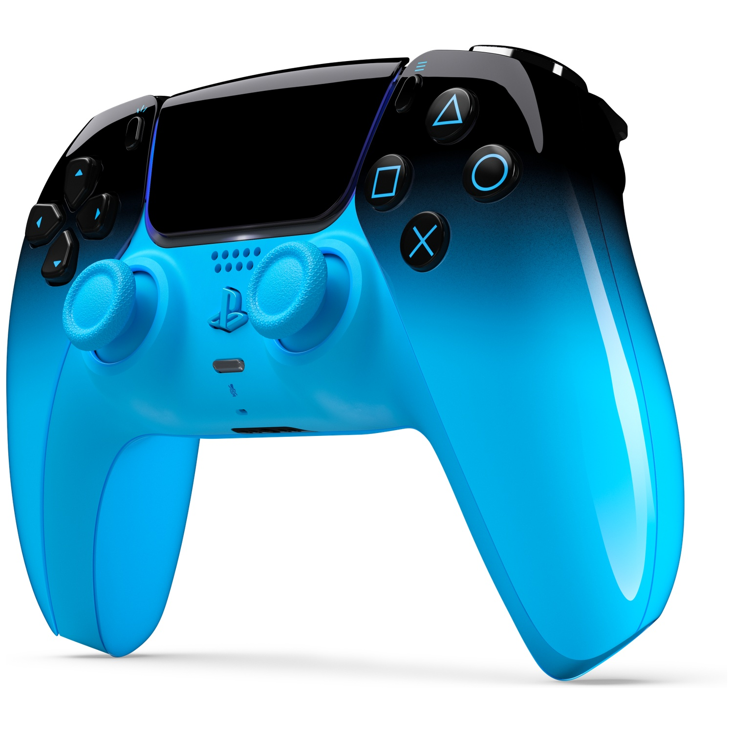 Blue and black gradient PS5 controller with illuminated buttons on a white background.