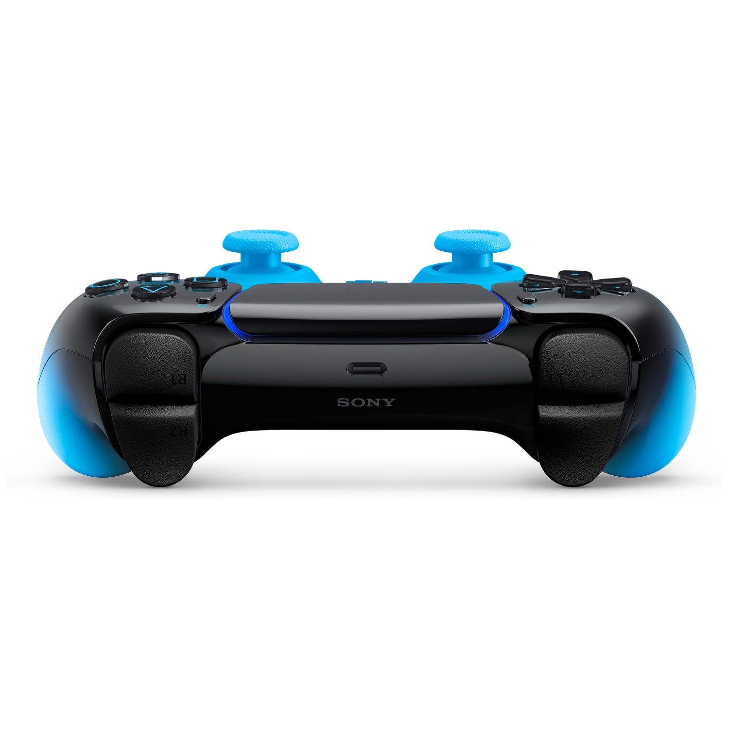 Black game controller with blue accents and joysticks, on a white background.