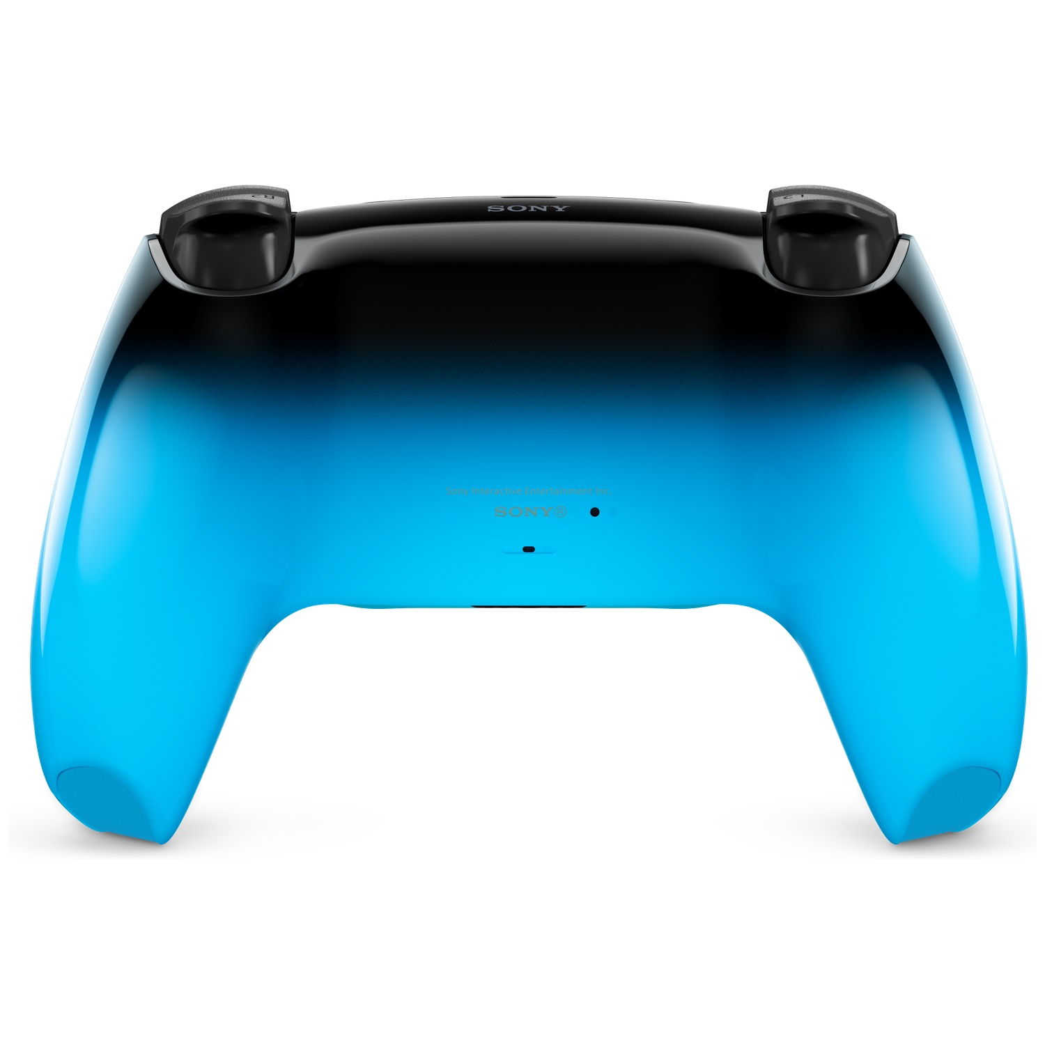 Back of a blue and black game controller with SONY logo.