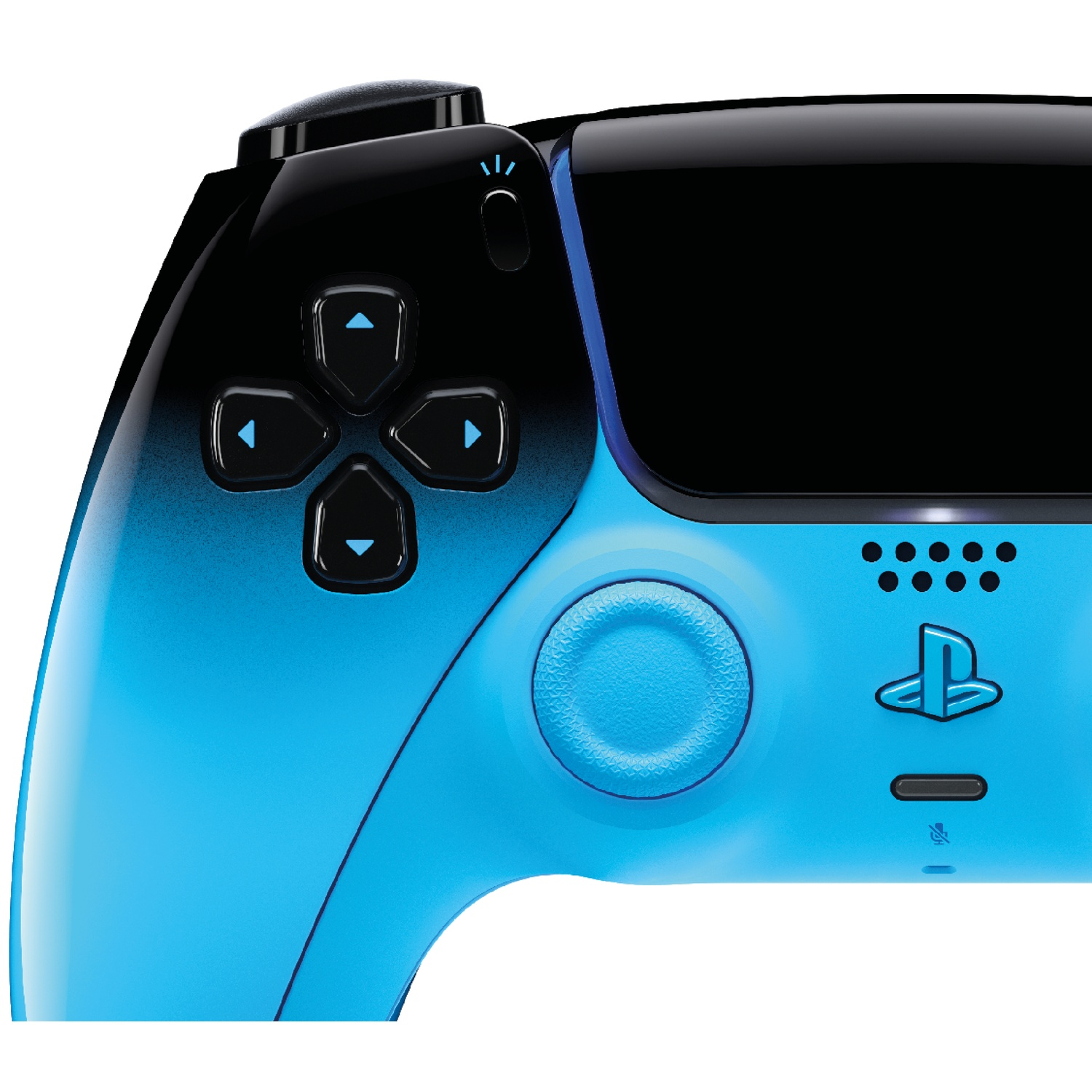 A blue and black gaming controller with directional buttons and a D-pad.