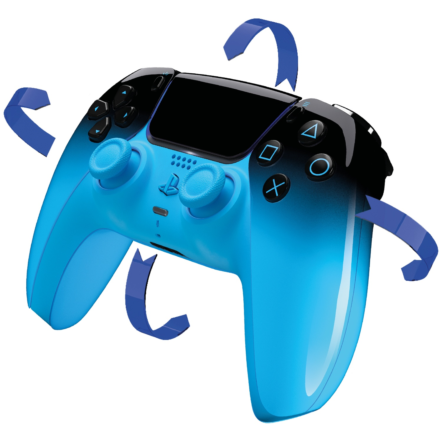 A blue and black game controller with blue arrows indicating rotation.