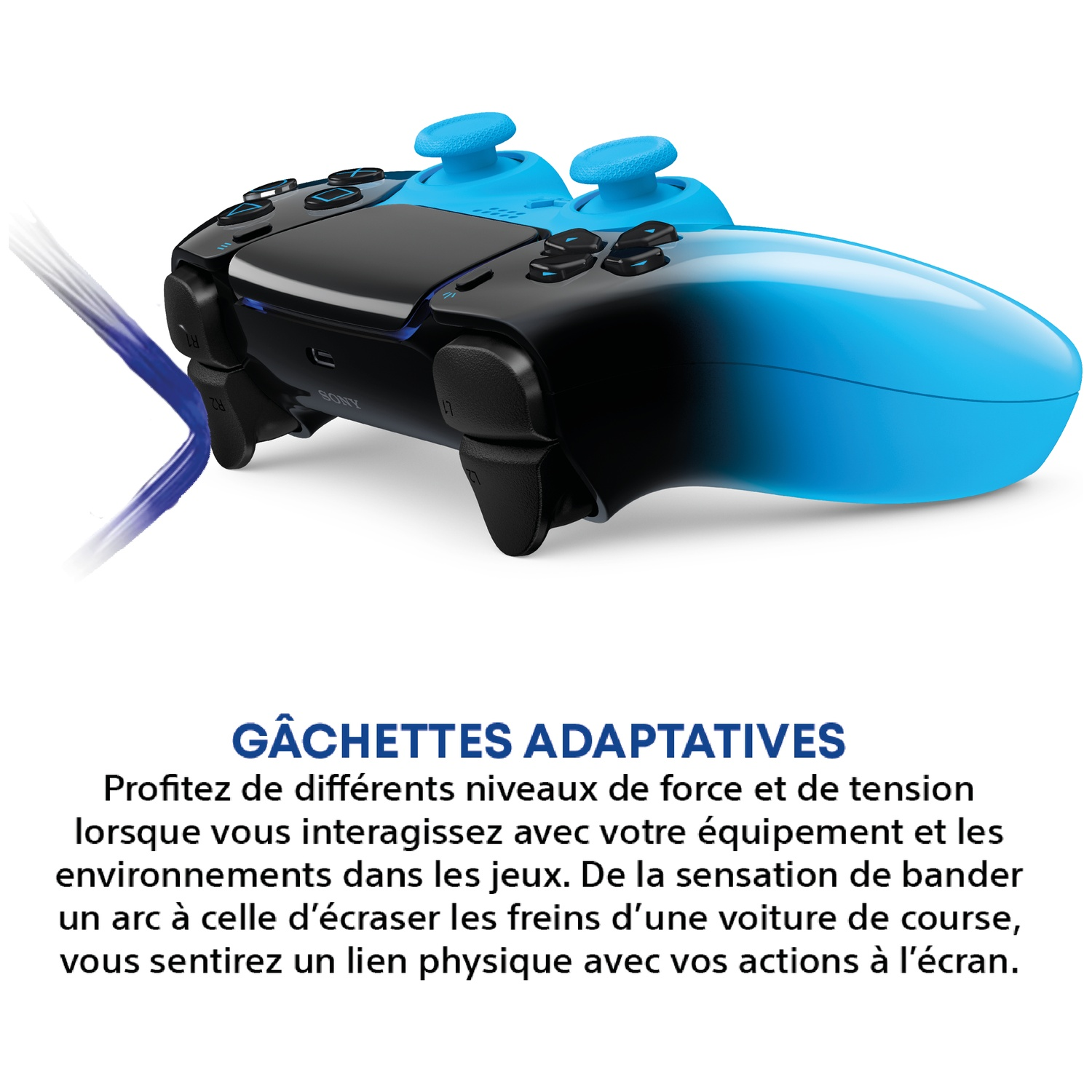 A blue and black video game controller with adaptive triggers and blue accents.