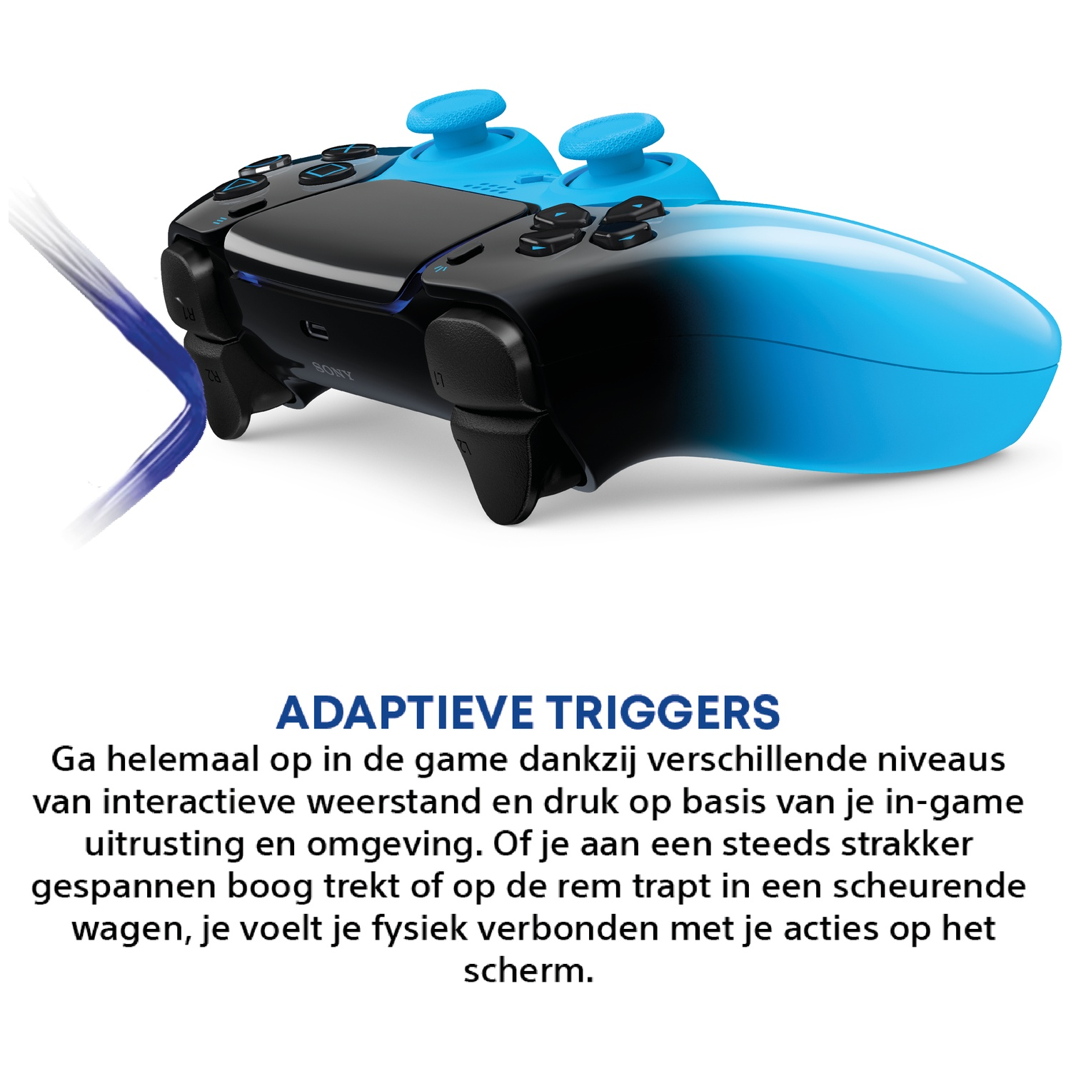 A blue and black controller with adaptive triggers, connected by blue energy.