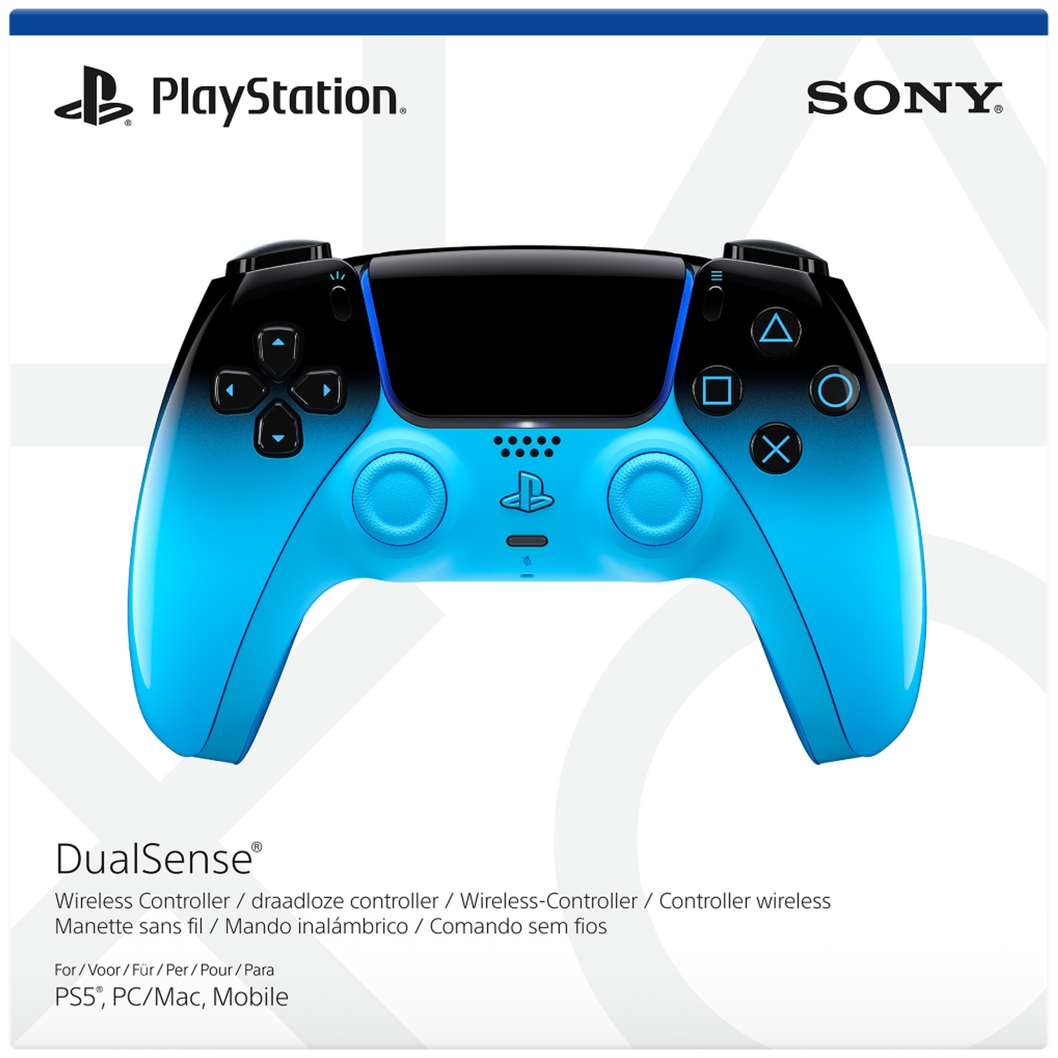 A blue and black PlayStation DualSense controller with Sony logo.