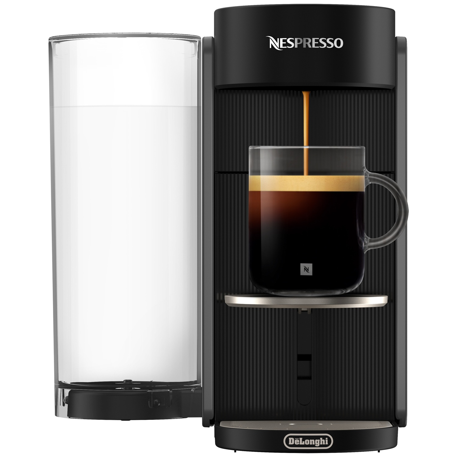 Black Nespresso machine brewing coffee into a glass cup, with a water tank beside it.