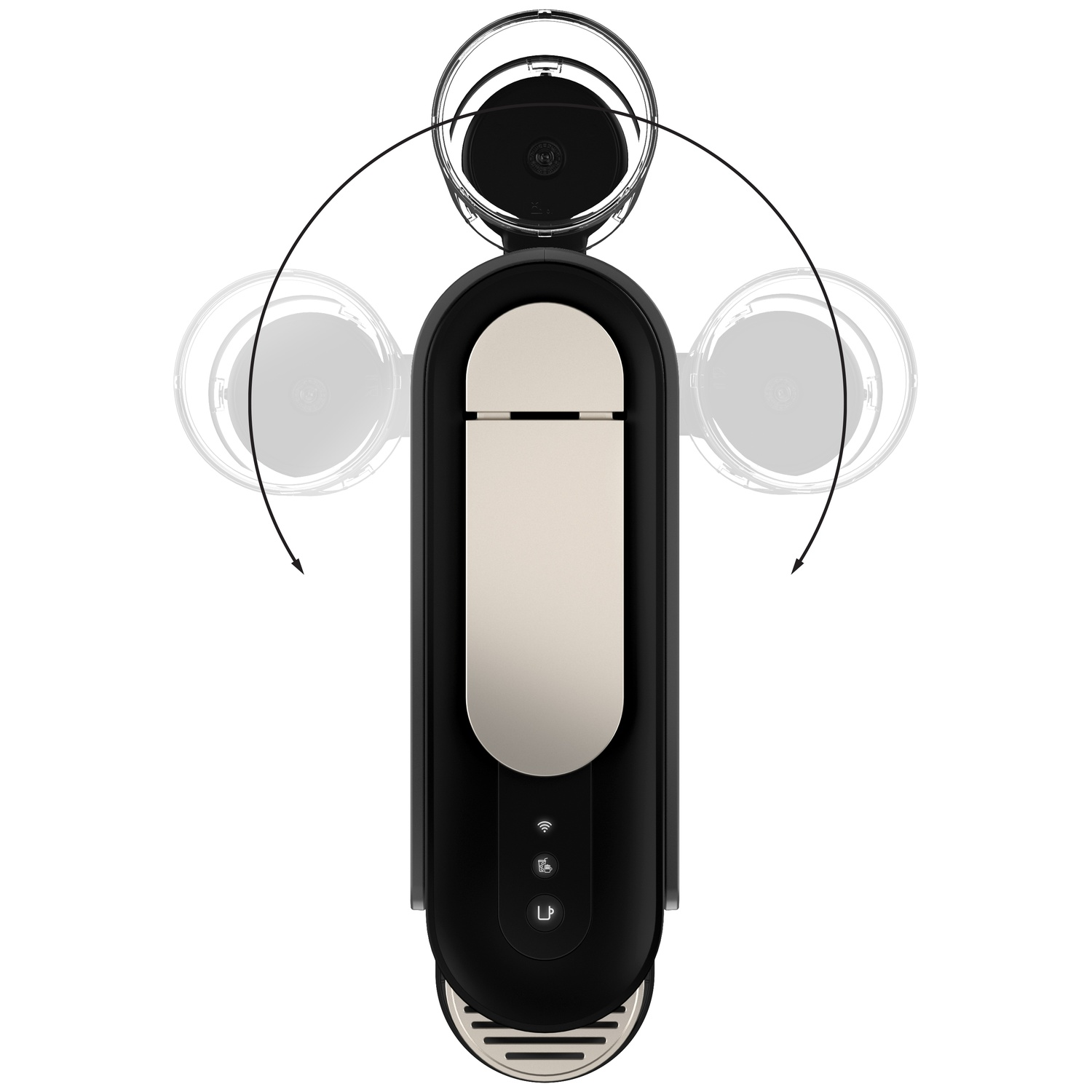 Black coffee machine with silver front panel and arrows indicating movement.