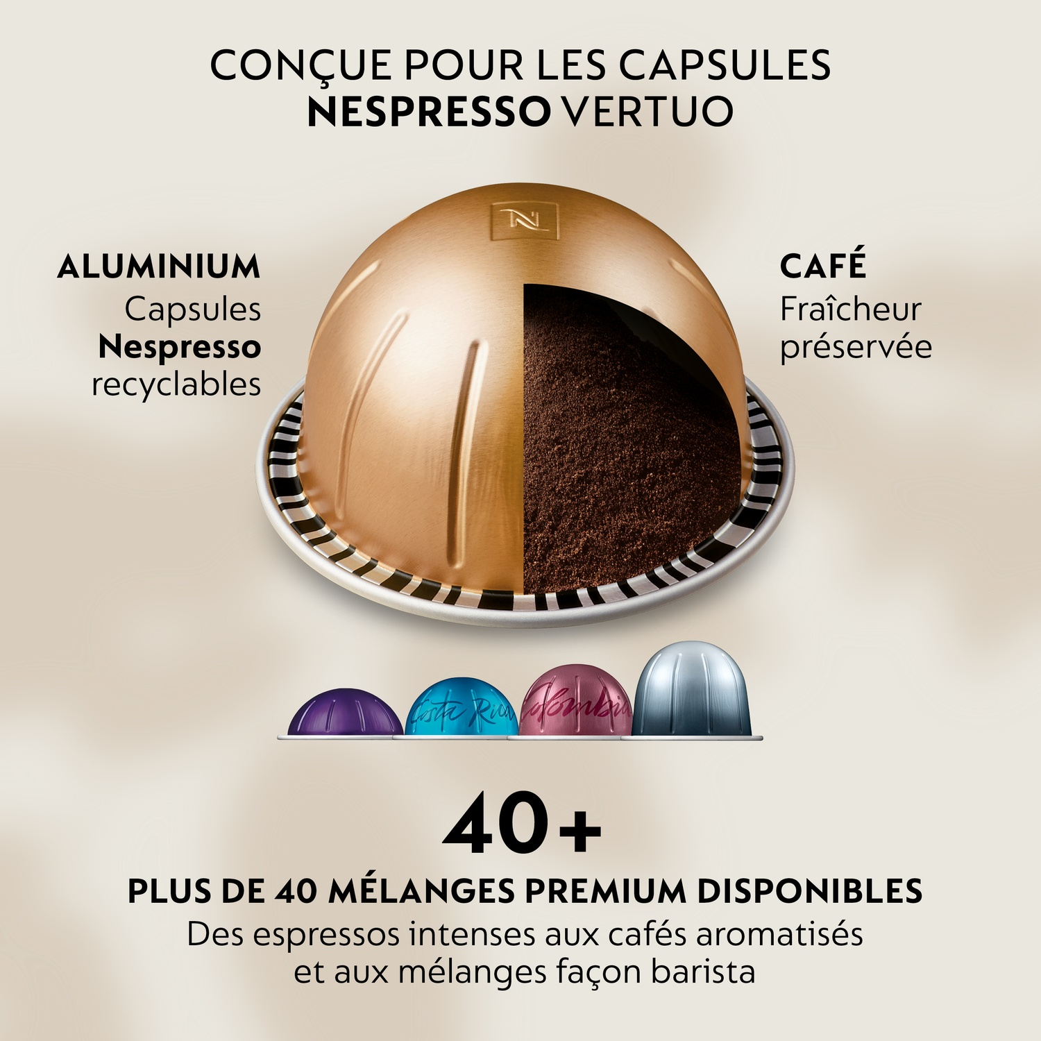 A Nespresso Vertuo capsule made of aluminum, filled with coffee.