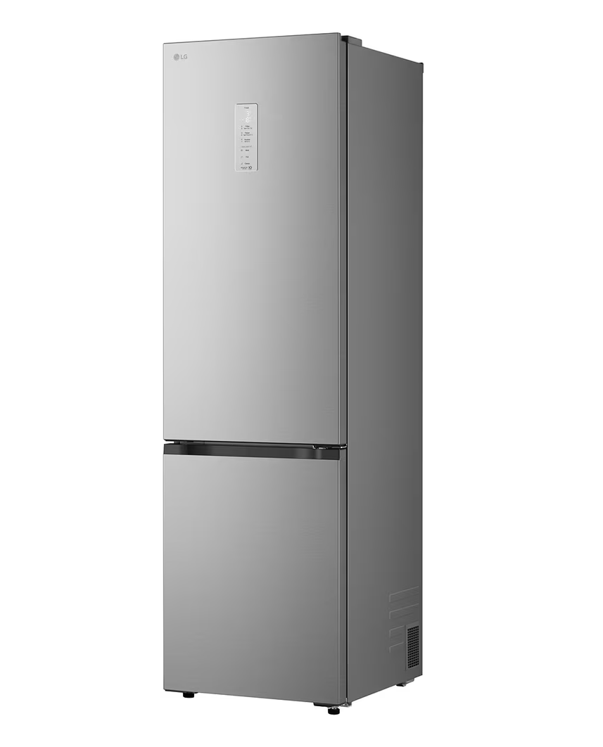 Un refrigerador plateado LG de dos puertas, con congelador abajo.