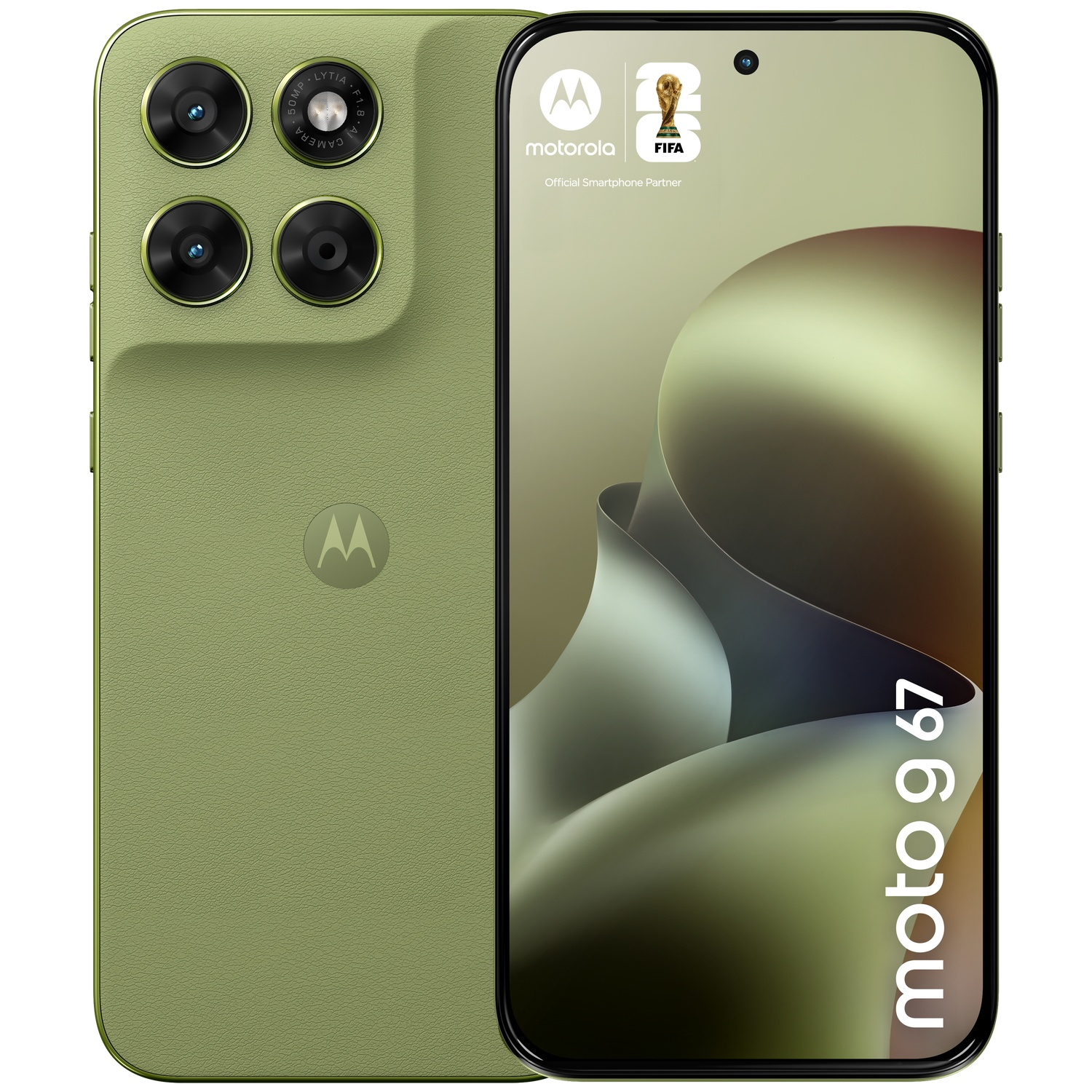 Green Motorola phone with four cameras on back and FIFA logo on screen.
