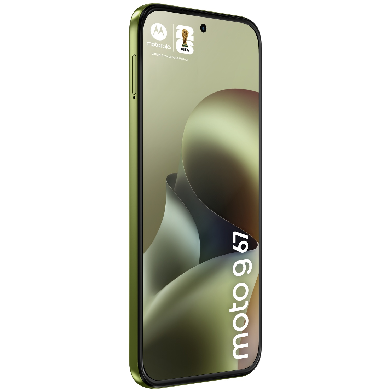 A green Motorola Moto G 67 smartphone featuring the FIFA logo is shown.