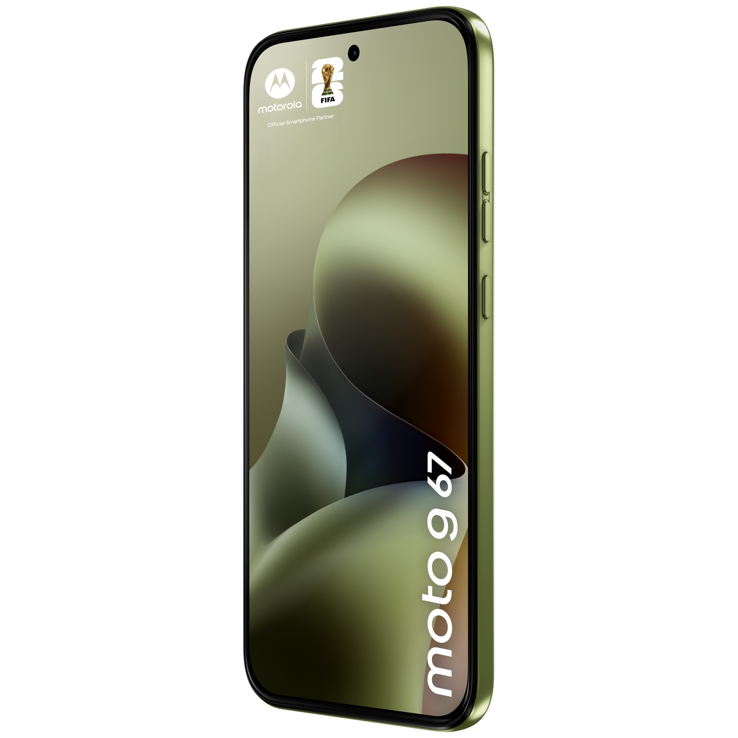 A green Motorola Moto G 67 smartphone with a FIFA logo.