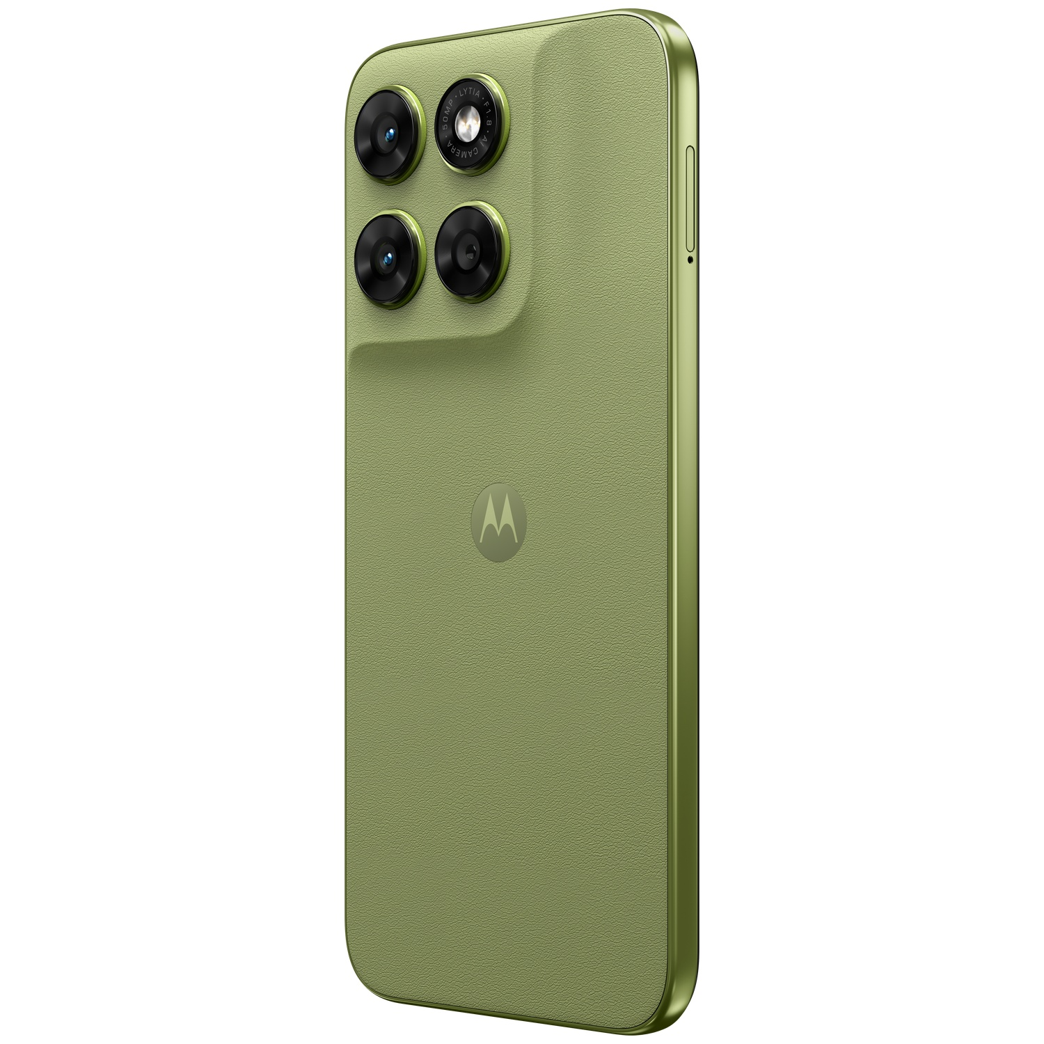 Green smartphone with four cameras and Motorola logo on a white background.