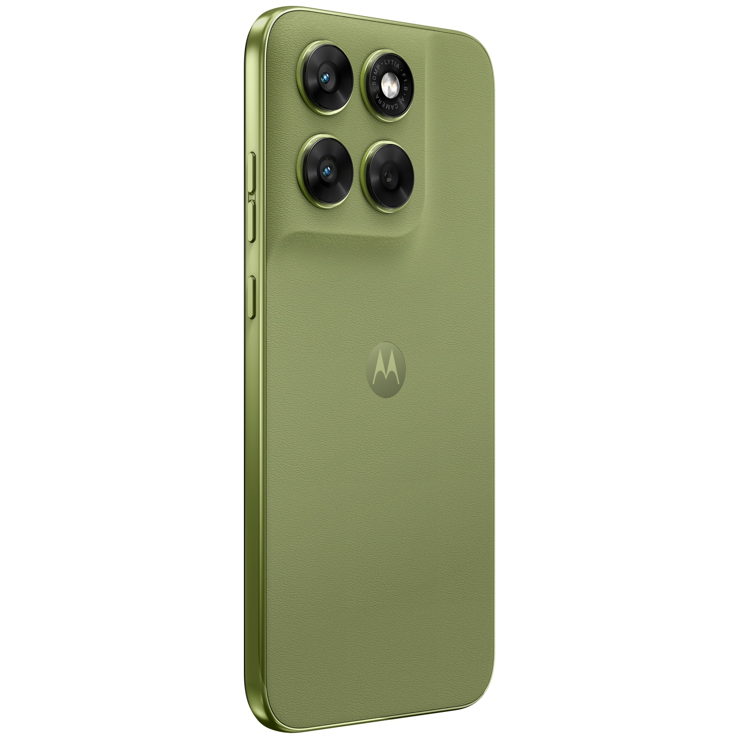 Green smartphone with four cameras and Motorola logo on the back.