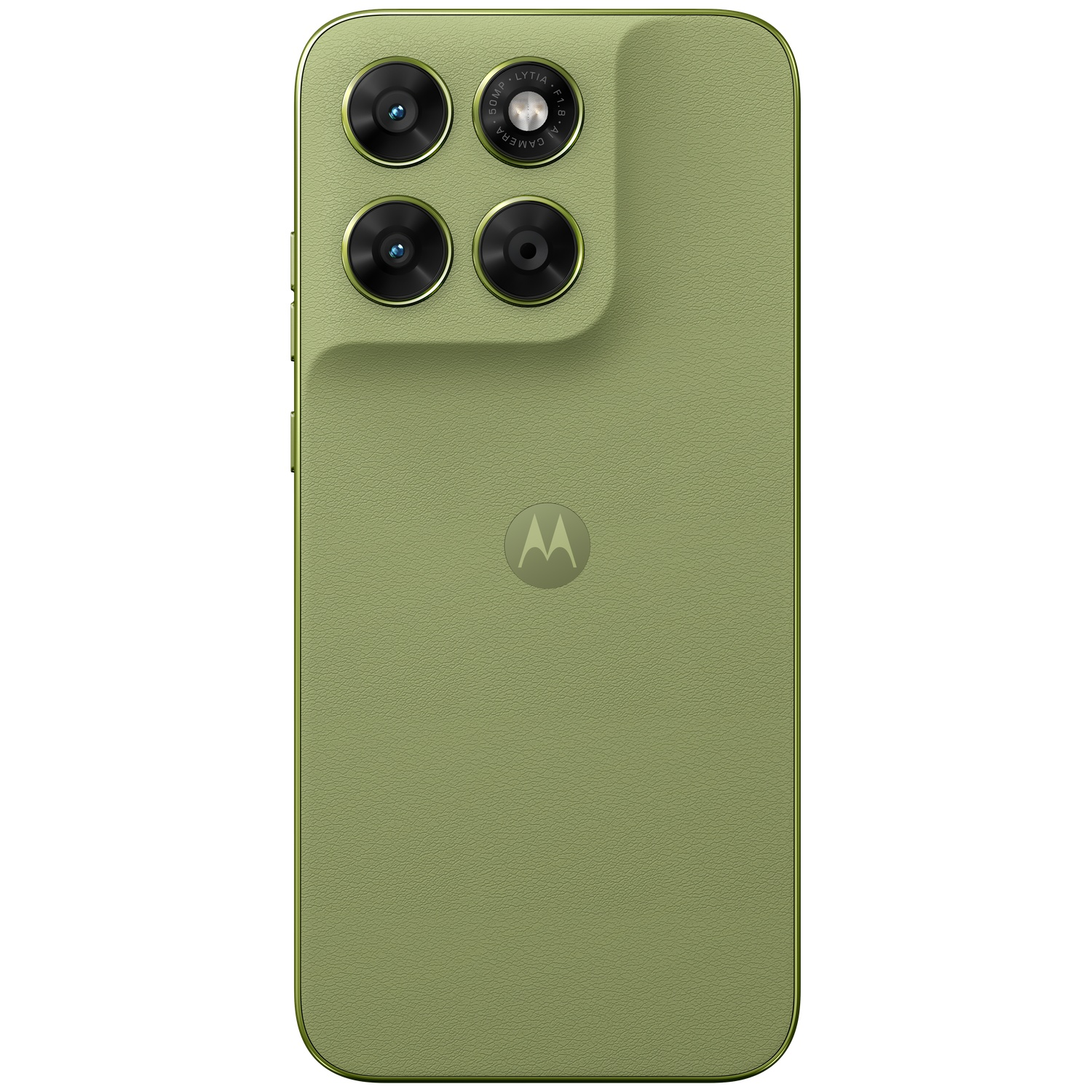 Back of a green smartphone with four cameras and Motorola logo.