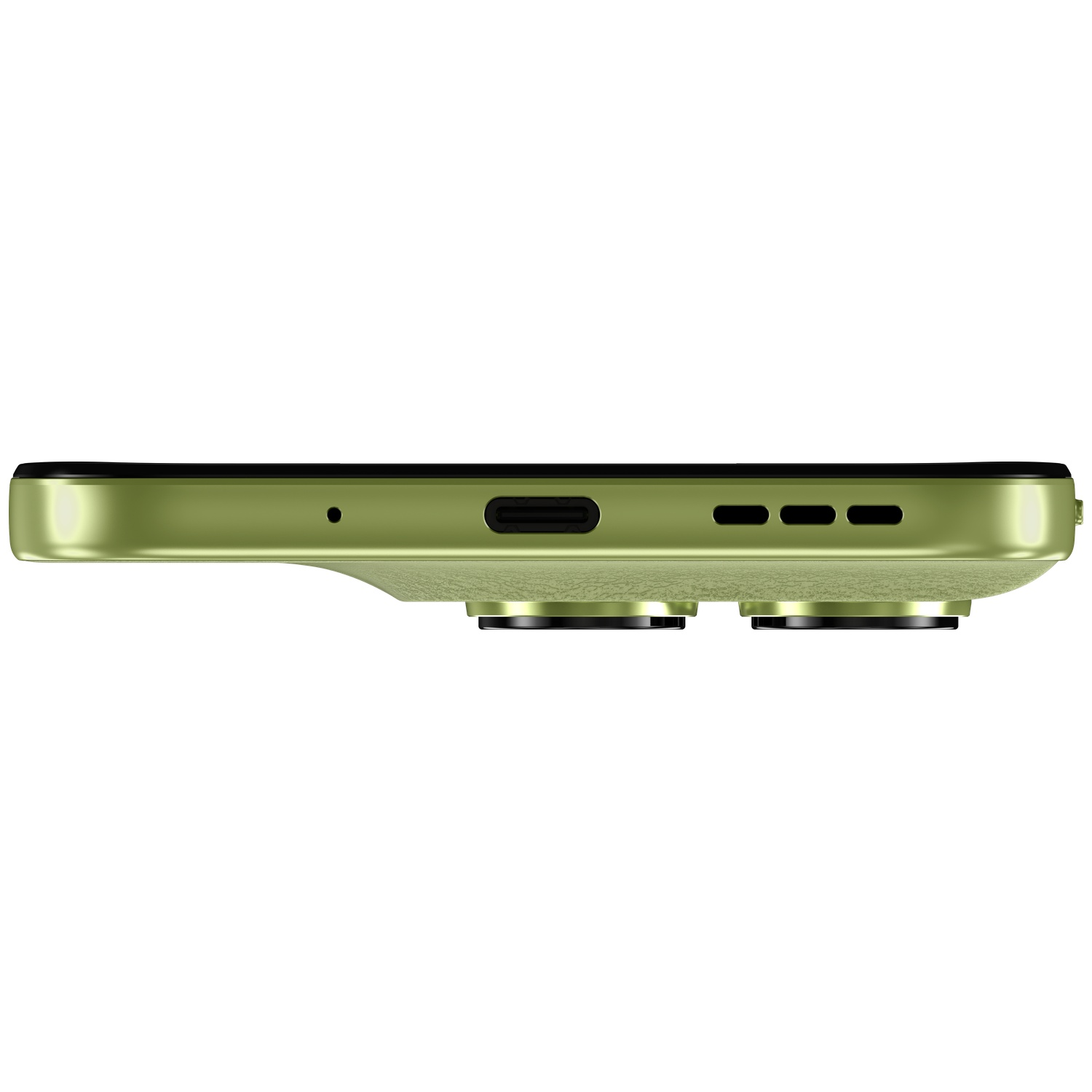 Green smartphone with USB-C port, microphone, and two camera lenses.