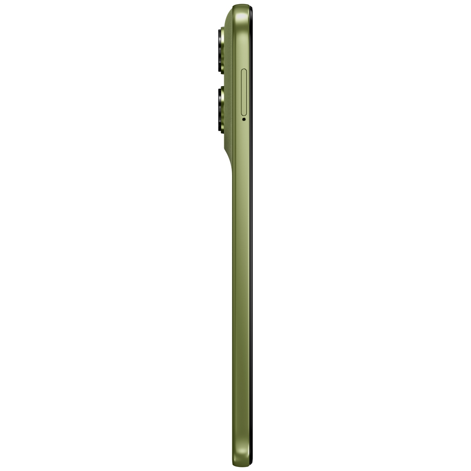 Green smartphone shown in profile, featuring camera lenses and SIM tray.