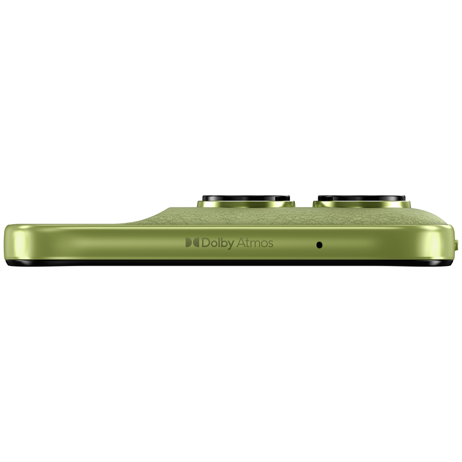 Green smartphone with two cameras and Dolby Atmos logo.