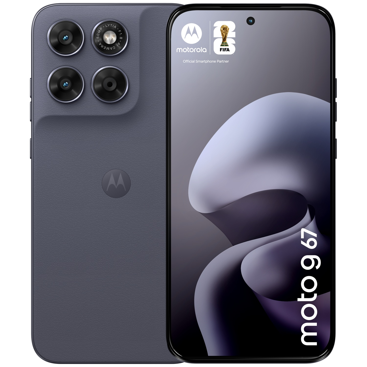 A gray Motorola phone with four cameras and the FIFA logo on the screen.