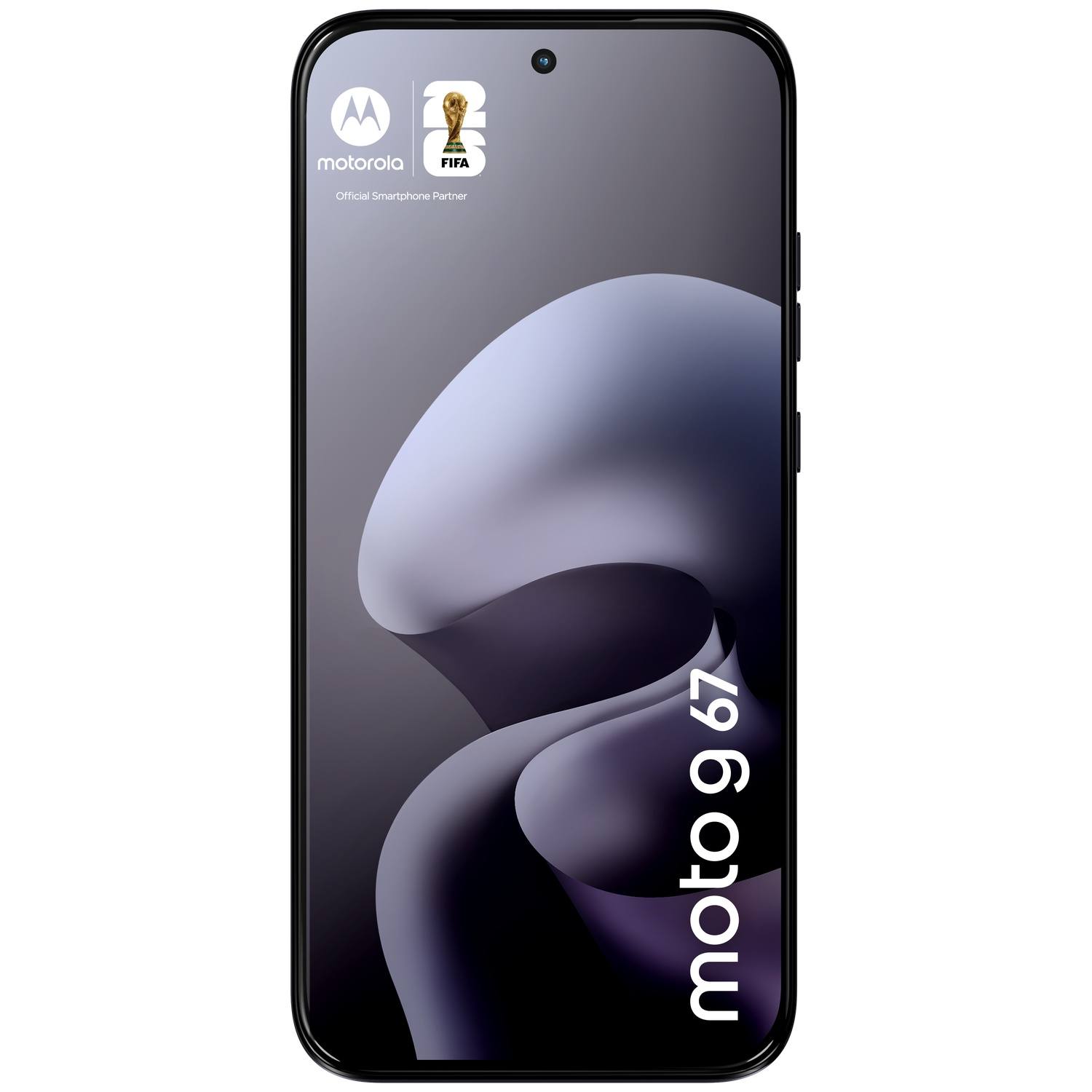 A Motorola Moto G 67 smartphone featuring the FIFA logo and trophy.