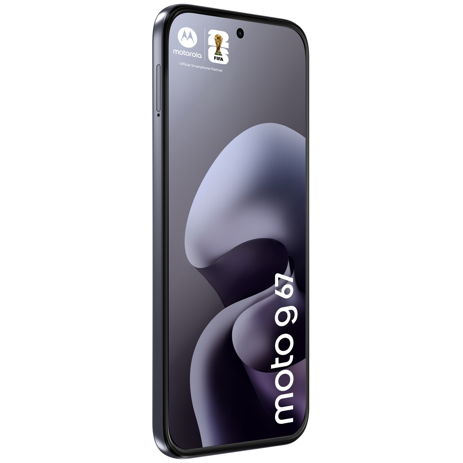 A gray Motorola moto g 67 smartphone featuring the FIFA logo.