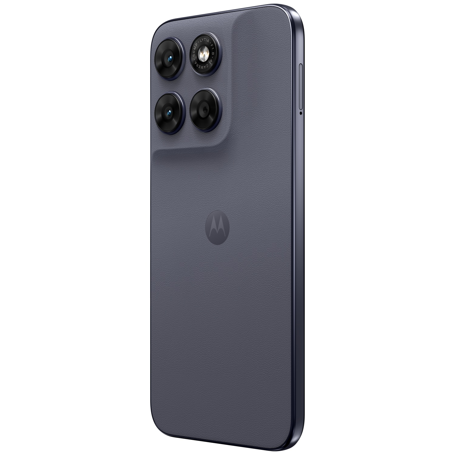 Back of a dark gray smartphone with four cameras and a Motorola logo.