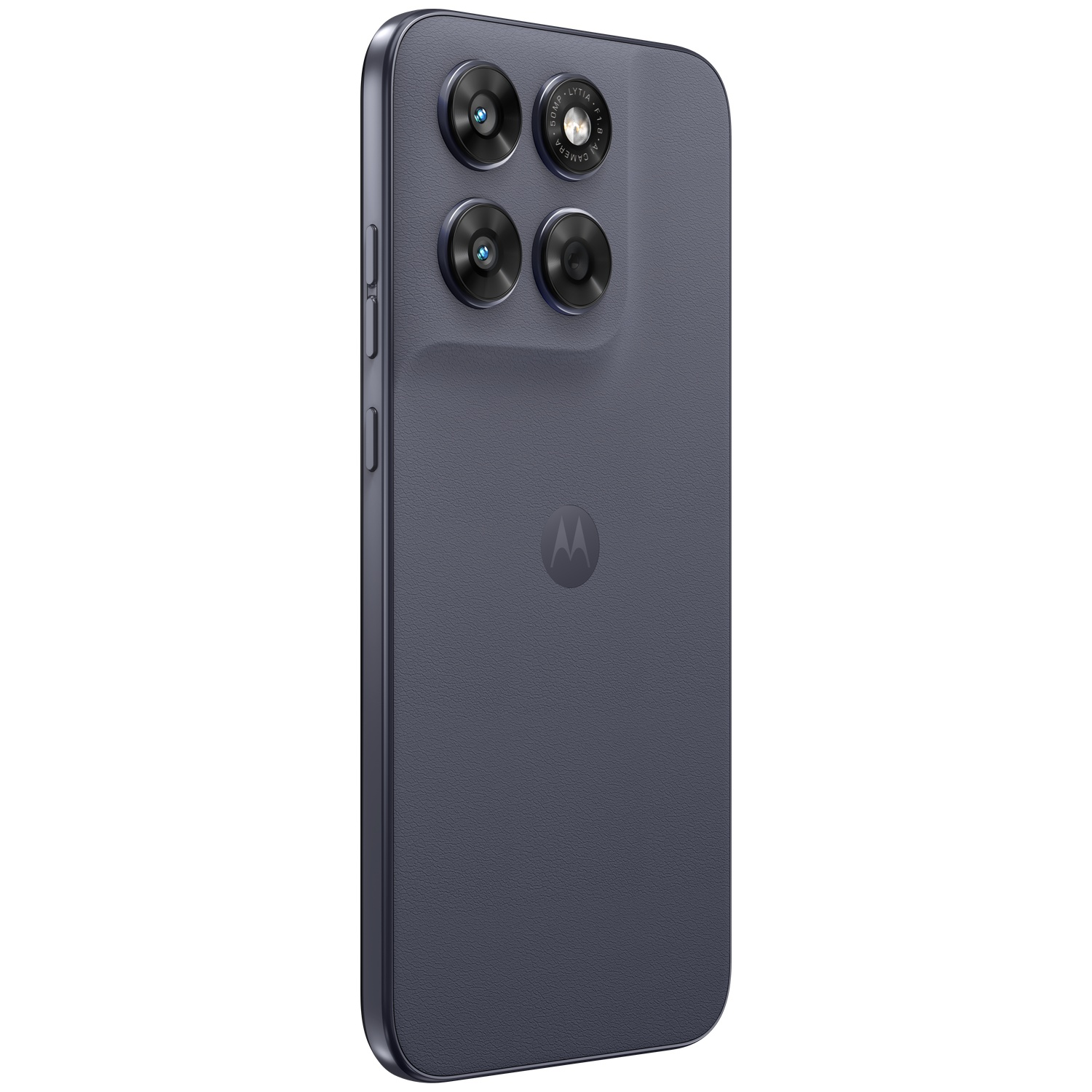 Rear view of a gray smartphone with four cameras and a Motorola logo.