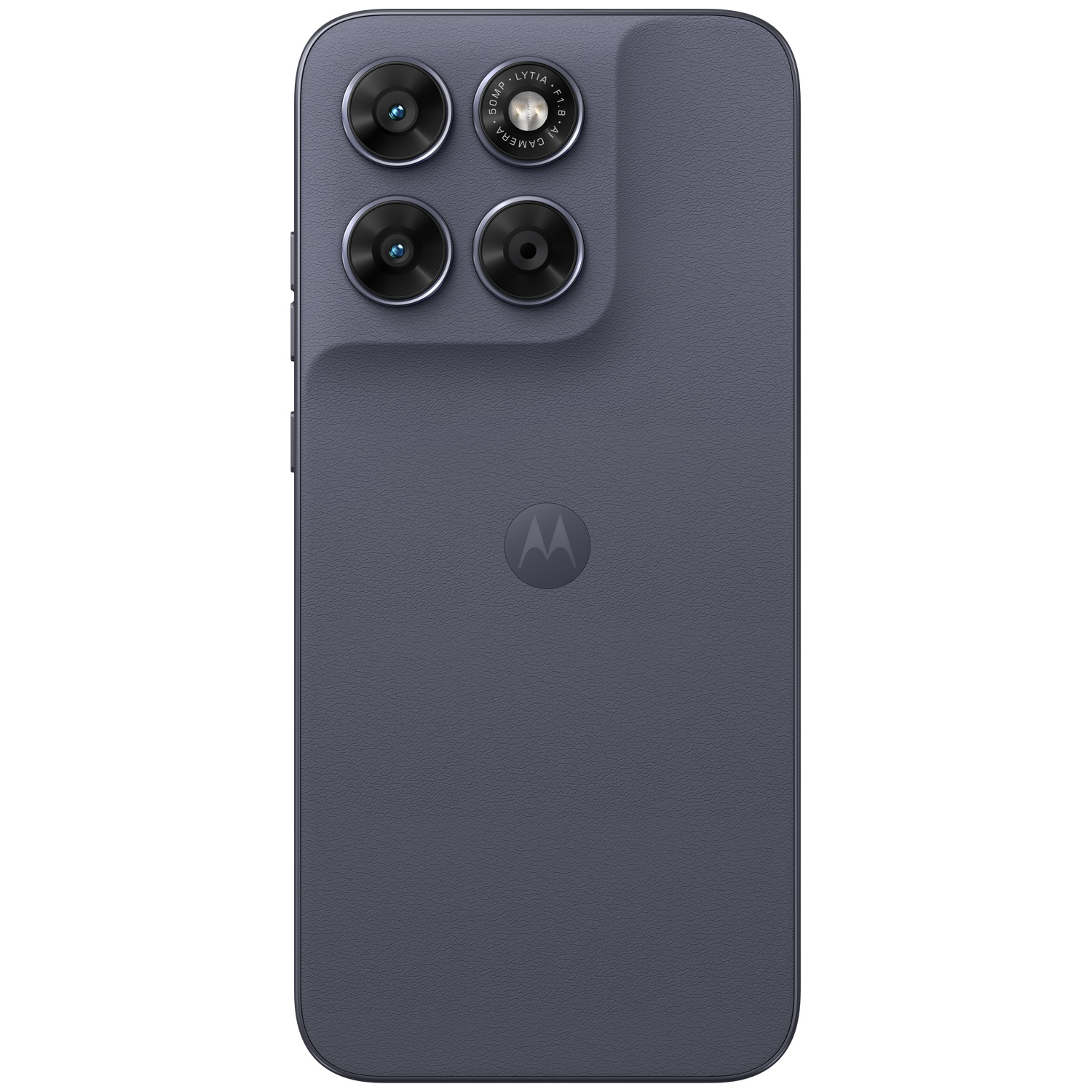 Back of a gray smartphone showing four cameras and the Motorola logo.