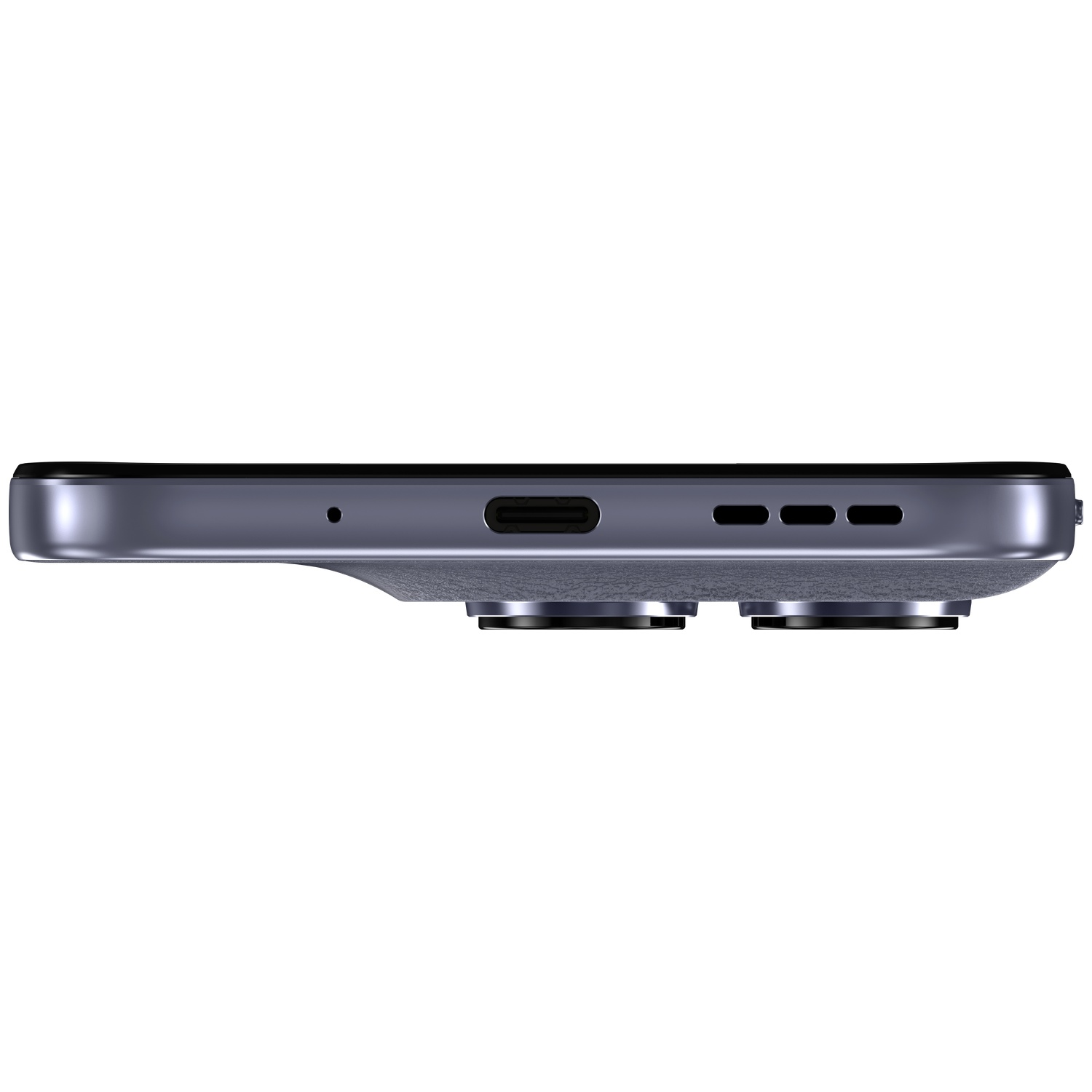 Close-up of the bottom of a gray smartphone, showing the charging port and speaker grilles.
