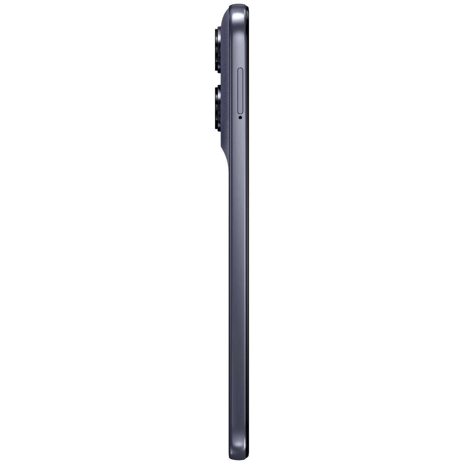 Gray smartphone in profile showing camera lenses and SIM tray on white background.