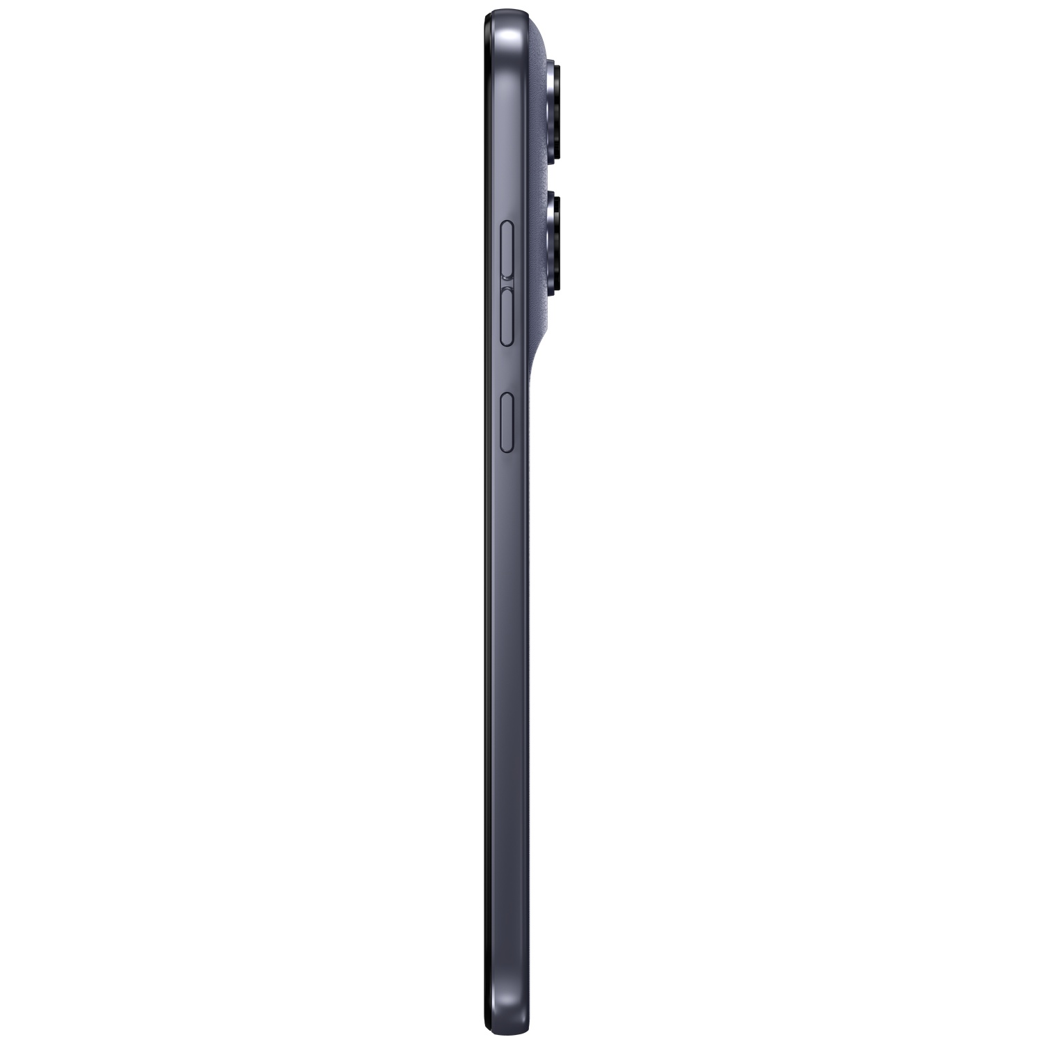 Dark gray smartphone in profile with visible camera lenses and buttons.