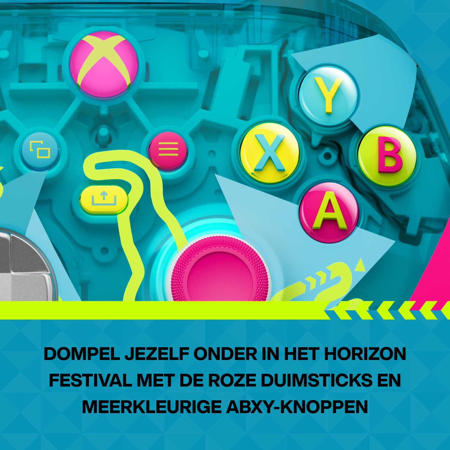 A teal controller with pink, yellow, and blue buttons: A, B, X, Y, and Xbox logo.