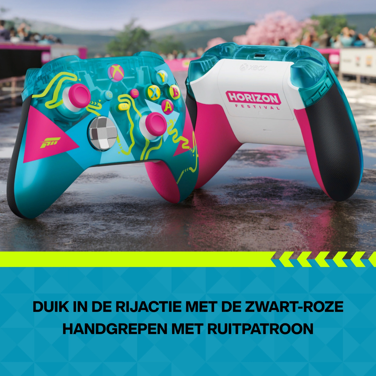 Two Xbox controllers with transparent tops and pink/teal accents.