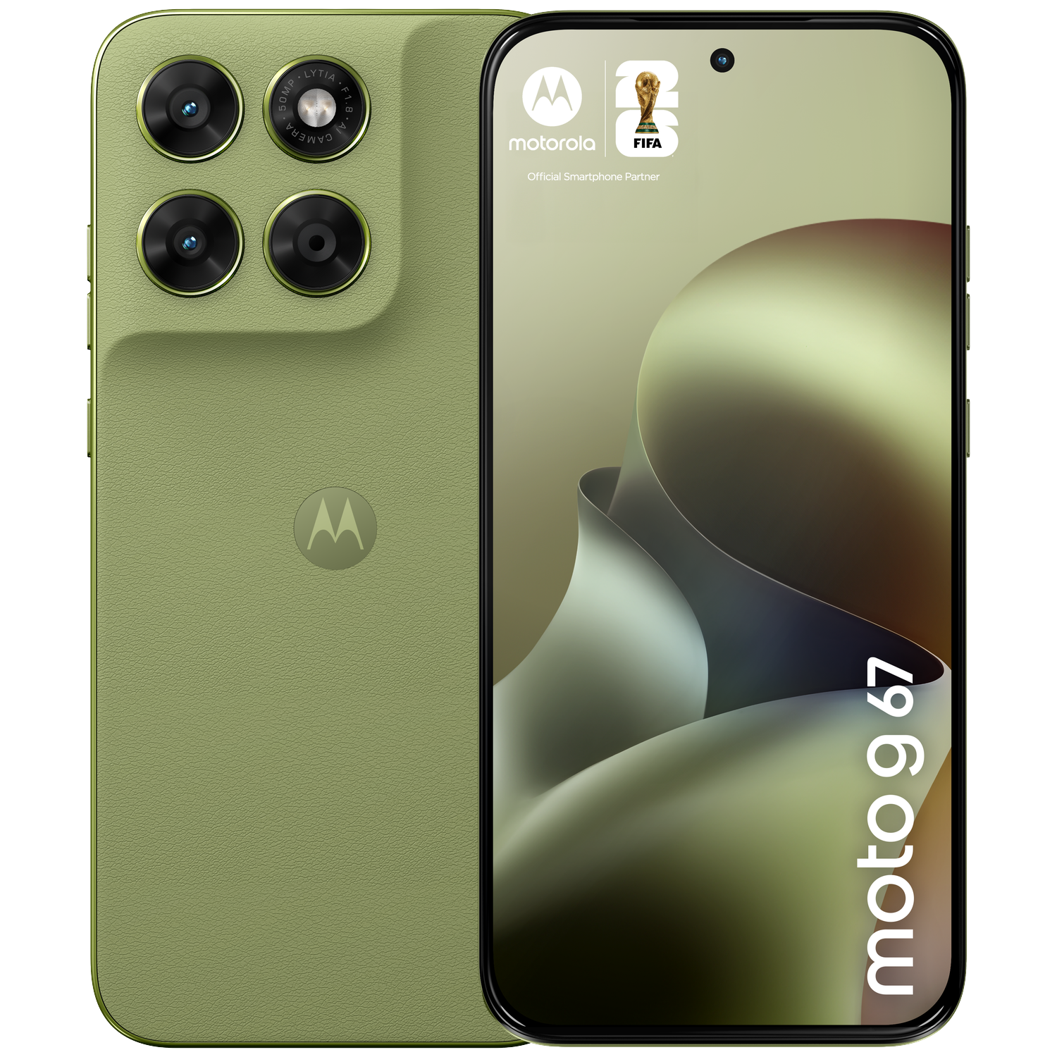 Green Motorola Moto g 67 with four cameras and FIFA logo. Official Smartphone Partner.