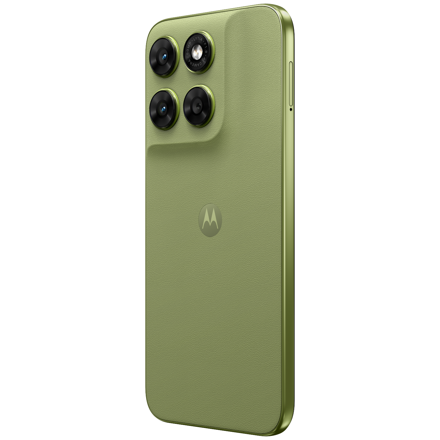 A green Motorola phone back with four camera lenses and an M logo.