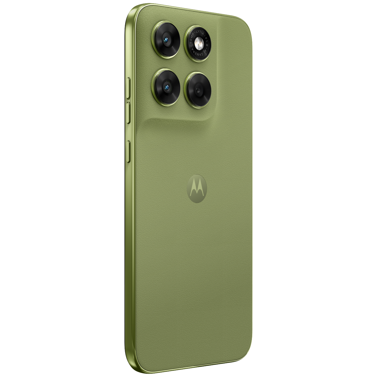 Green smartphone with four cameras and Motorola logo on black background.
