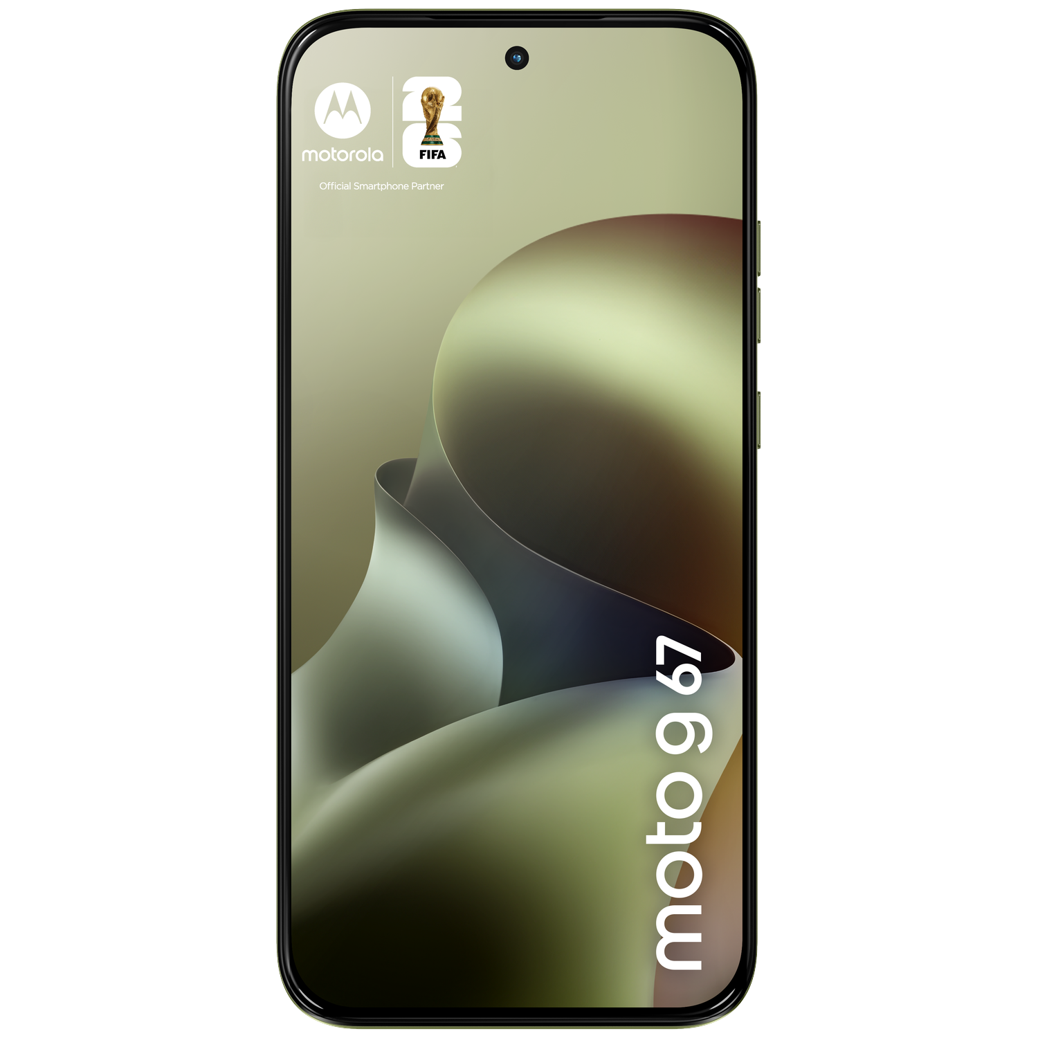 A Motorola smartphone displaying the FIFA logo and "moto g 67" text.