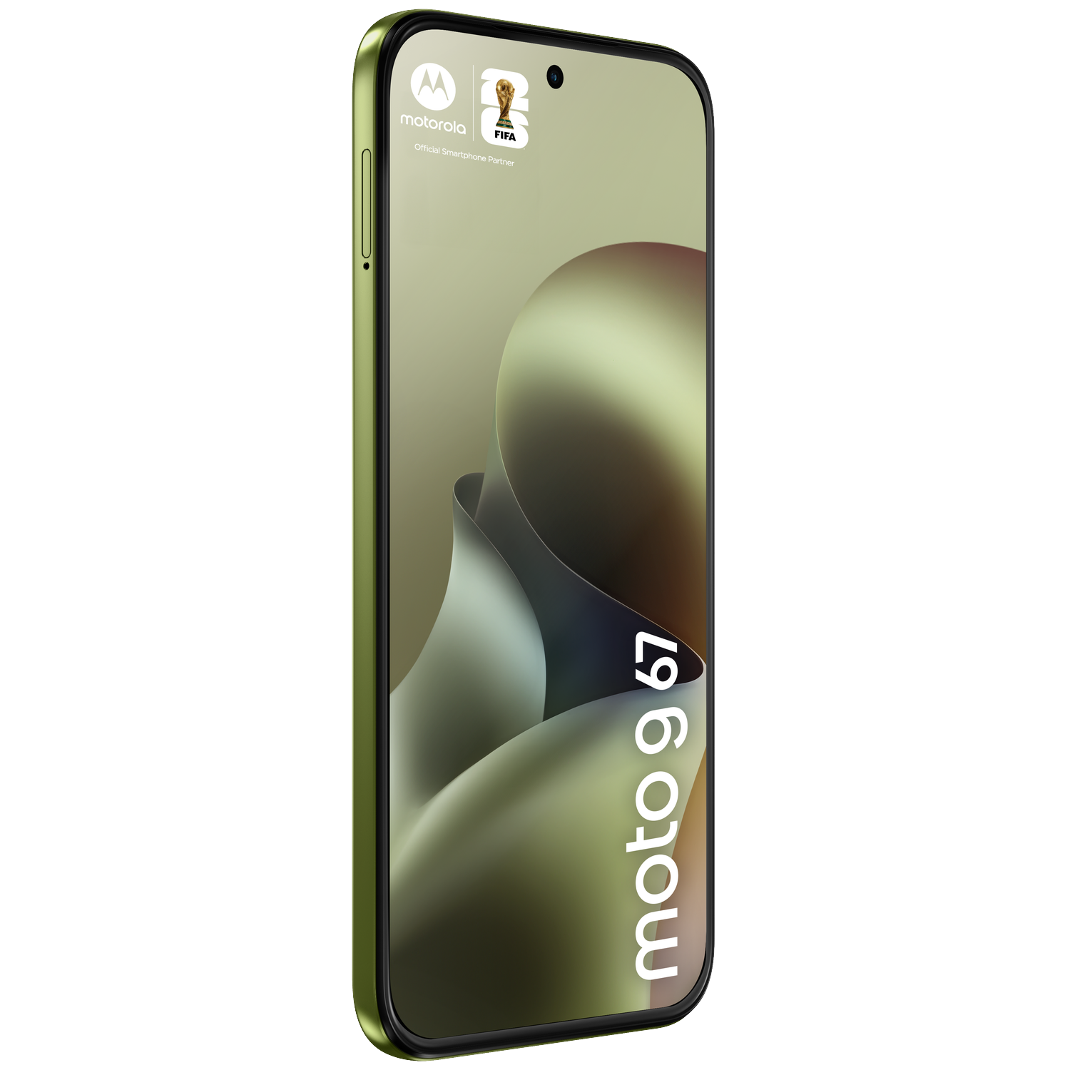 Green Motorola moto g 67 smartphone with FIFA logo, on a white background.