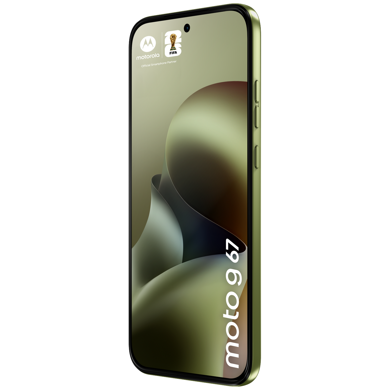 A green Motorola moto g 67 phone with FIFA logo. Abstract background.