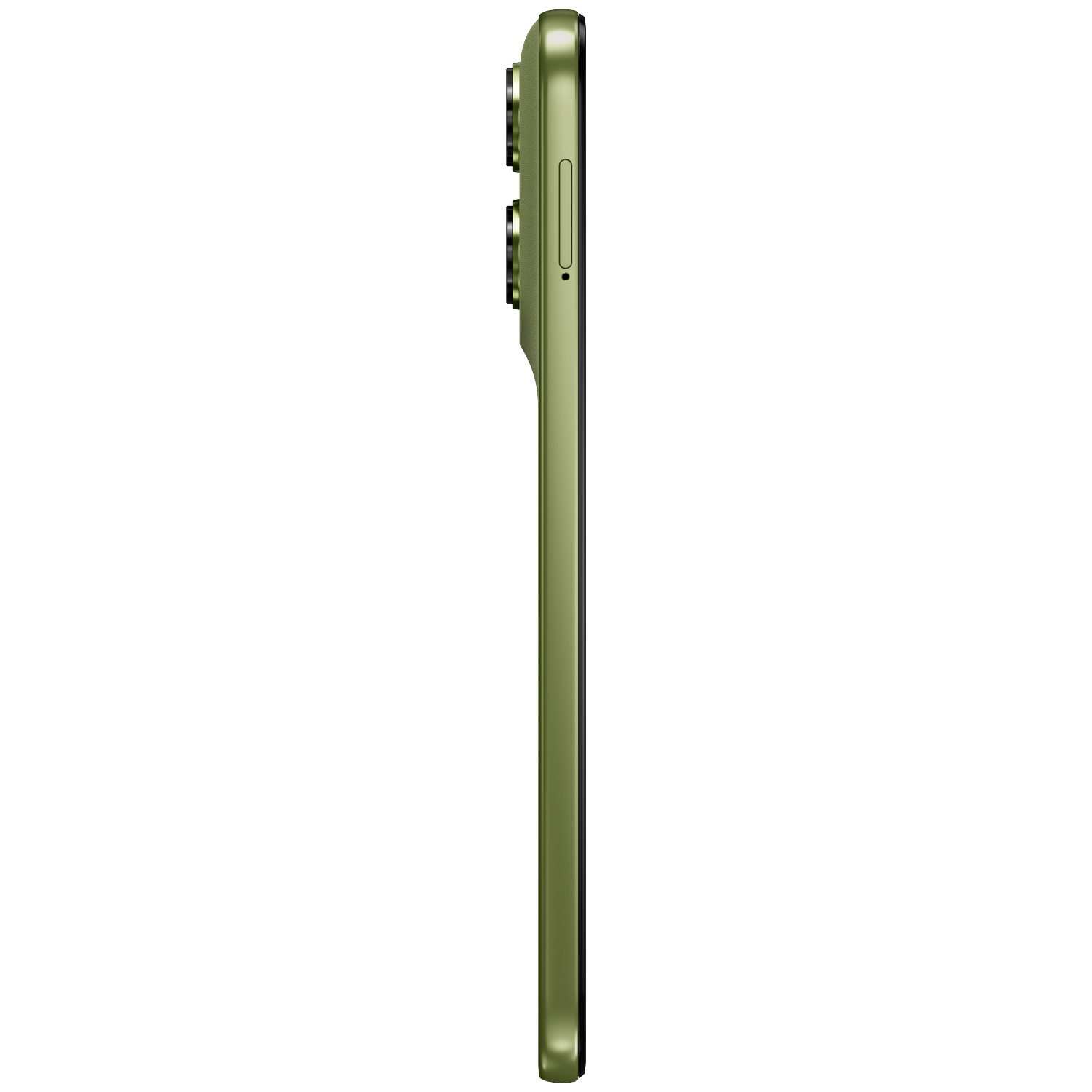 A green smartphone with three cameras is shown from the side.