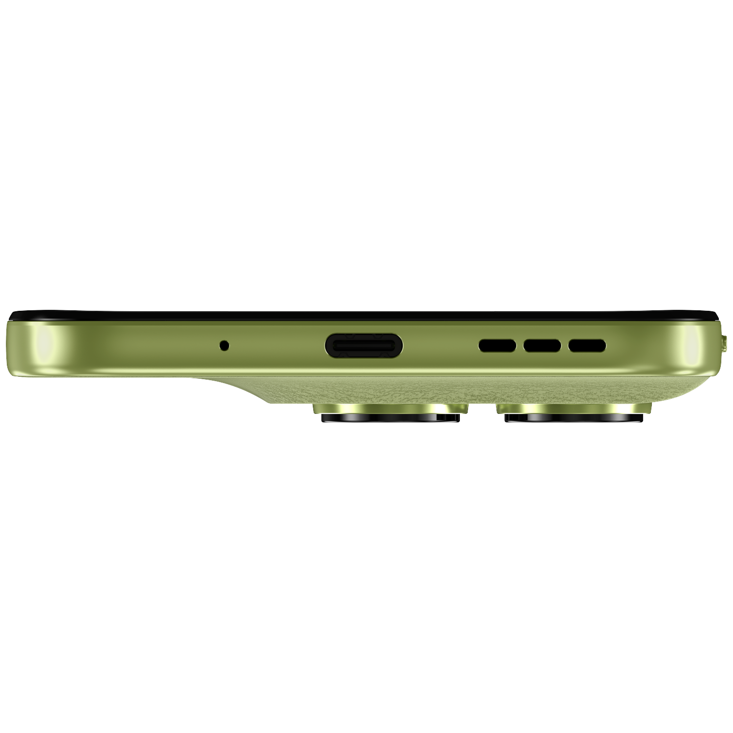 Green smartphone profile with USB-C port, speaker grilles, and two camera lenses.