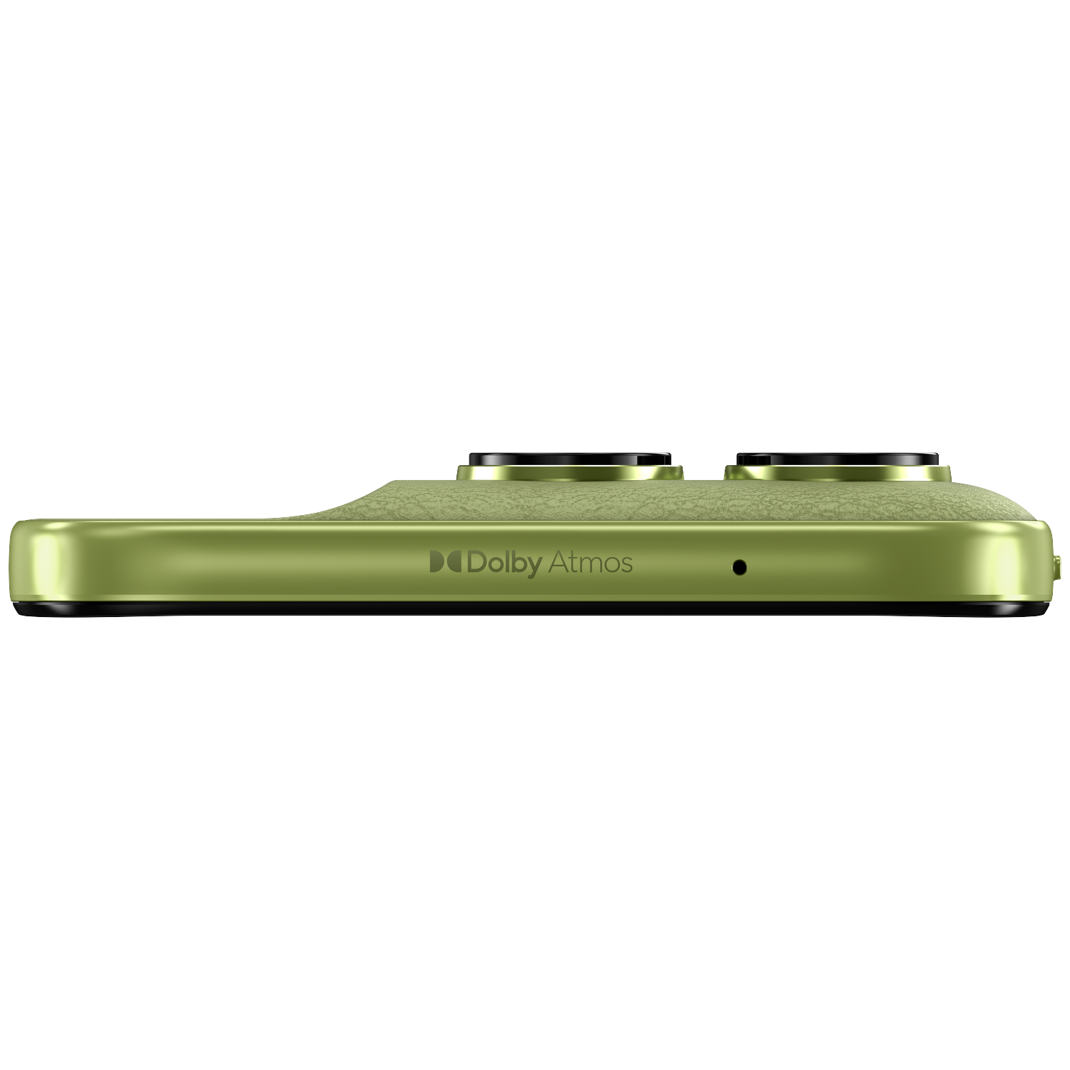Green smartphone with Dolby Atmos logo and two camera lenses.