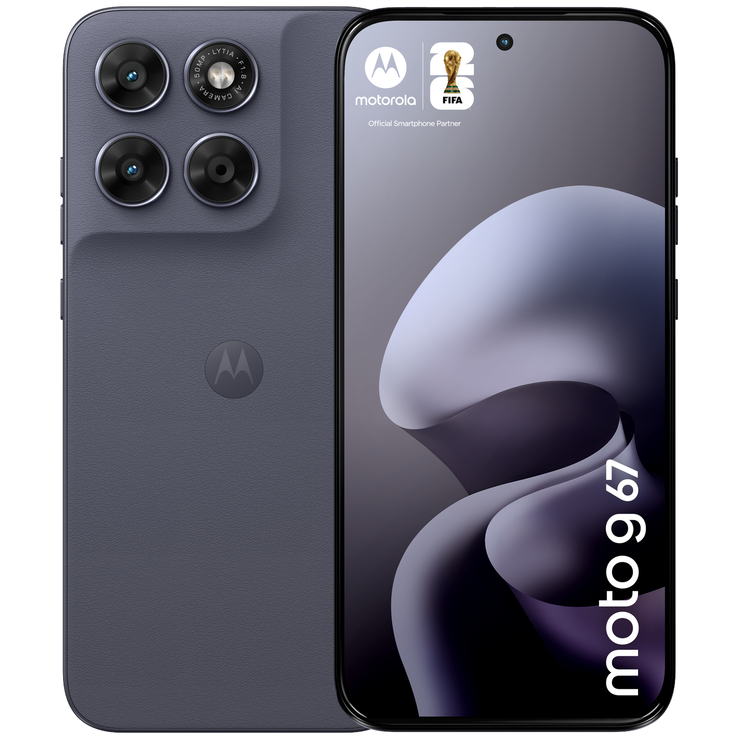 A grey Motorola moto g 67 smartphone with four cameras, advertising with the FIFA logo.