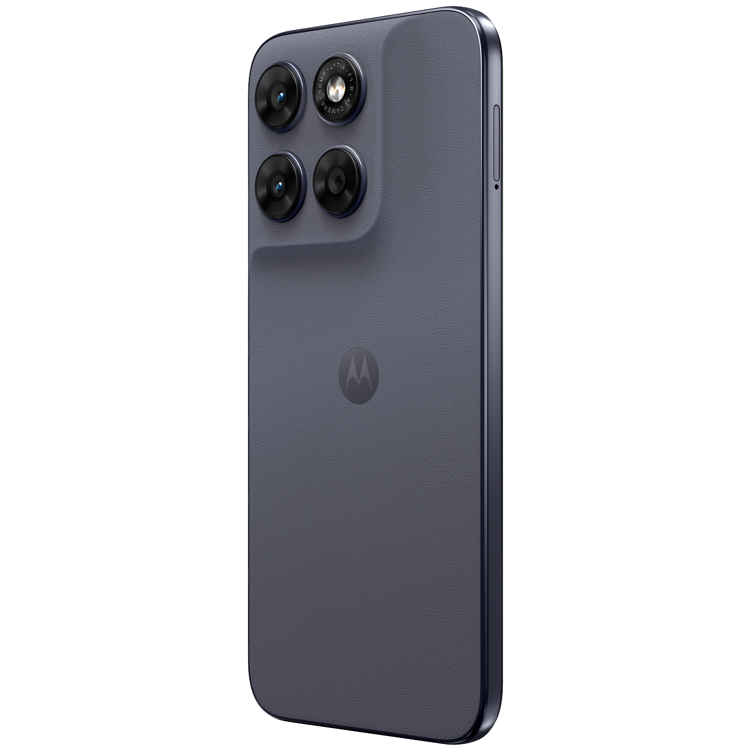 Dark gray smartphone with four cameras and Motorola logo on the back.