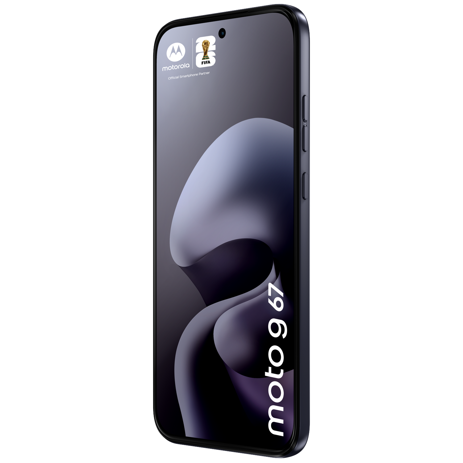Dark blue Motorola Moto G 67 smartphone with FIFA logo. Abstract pattern on screen.