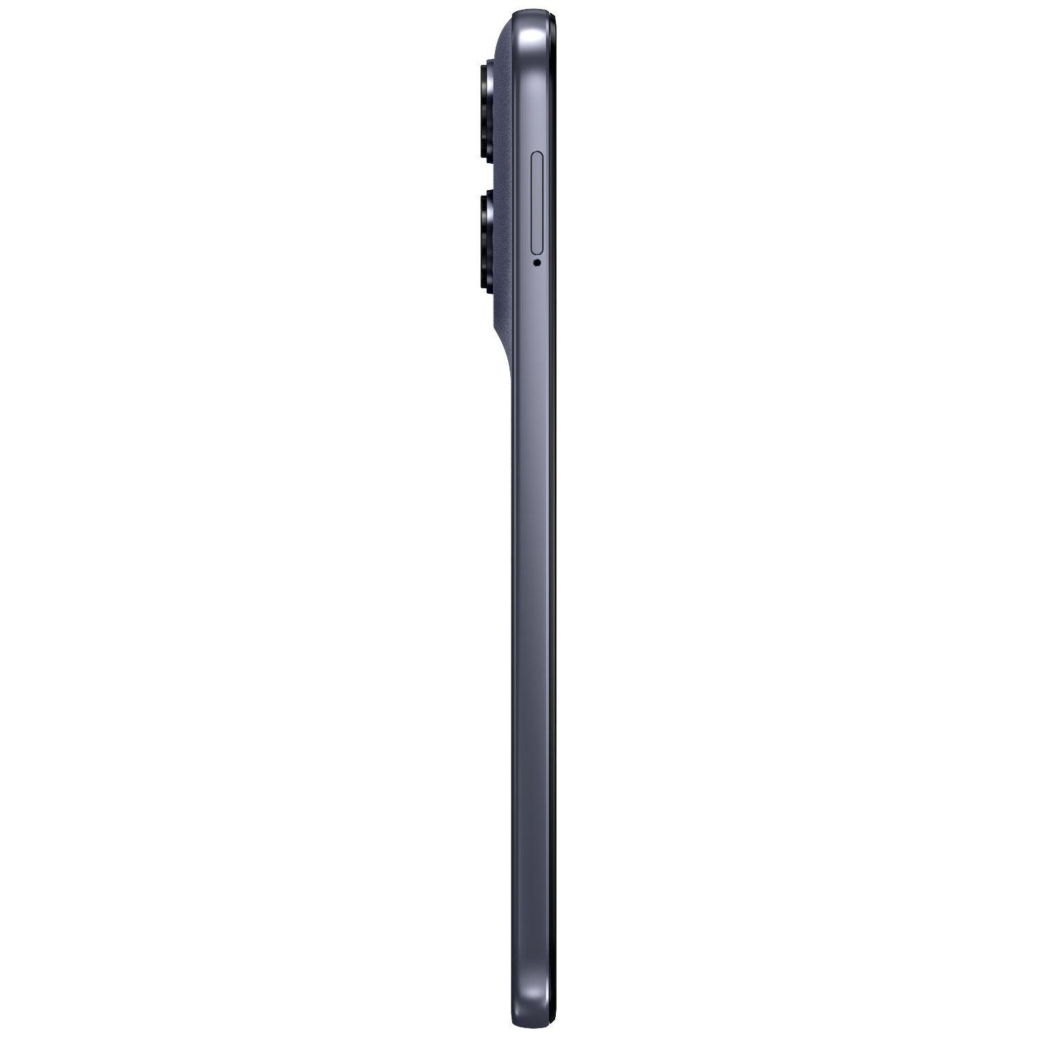 Dark gray smartphone shown in profile with camera lenses and SIM tray visible.