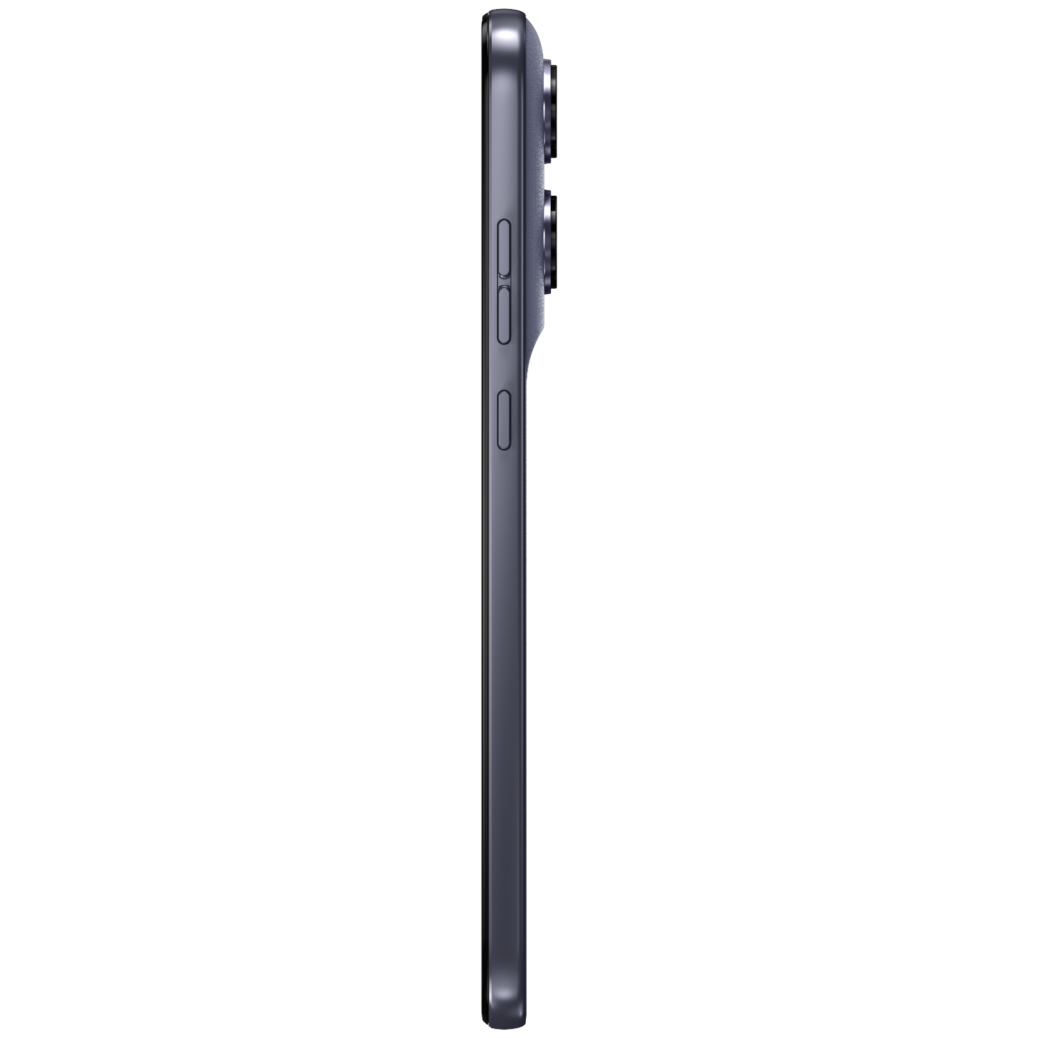 Dark gray smartphone in profile with three cameras and side buttons.