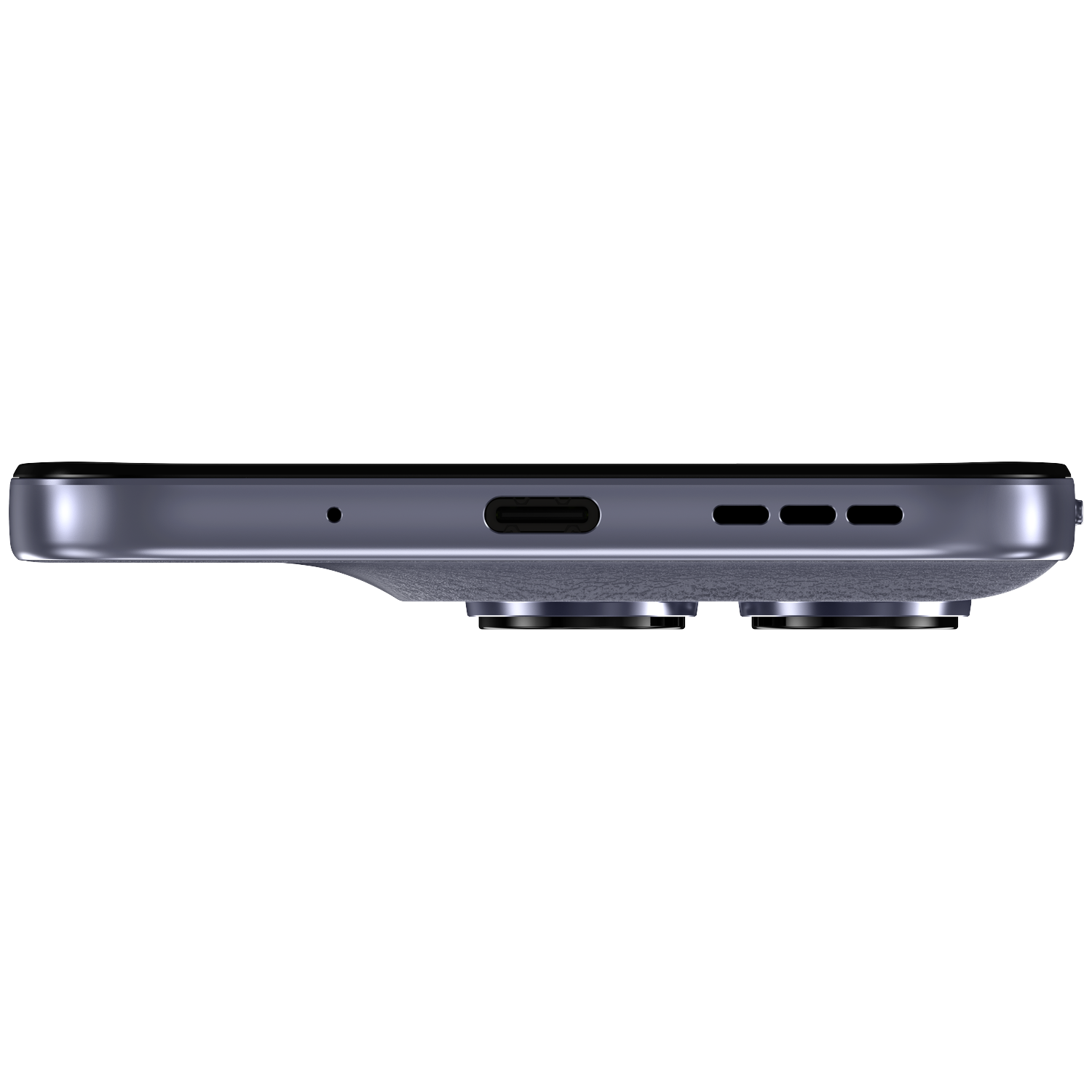 Close-up of a gray smartphone, showing USB-C port and dual camera lenses.