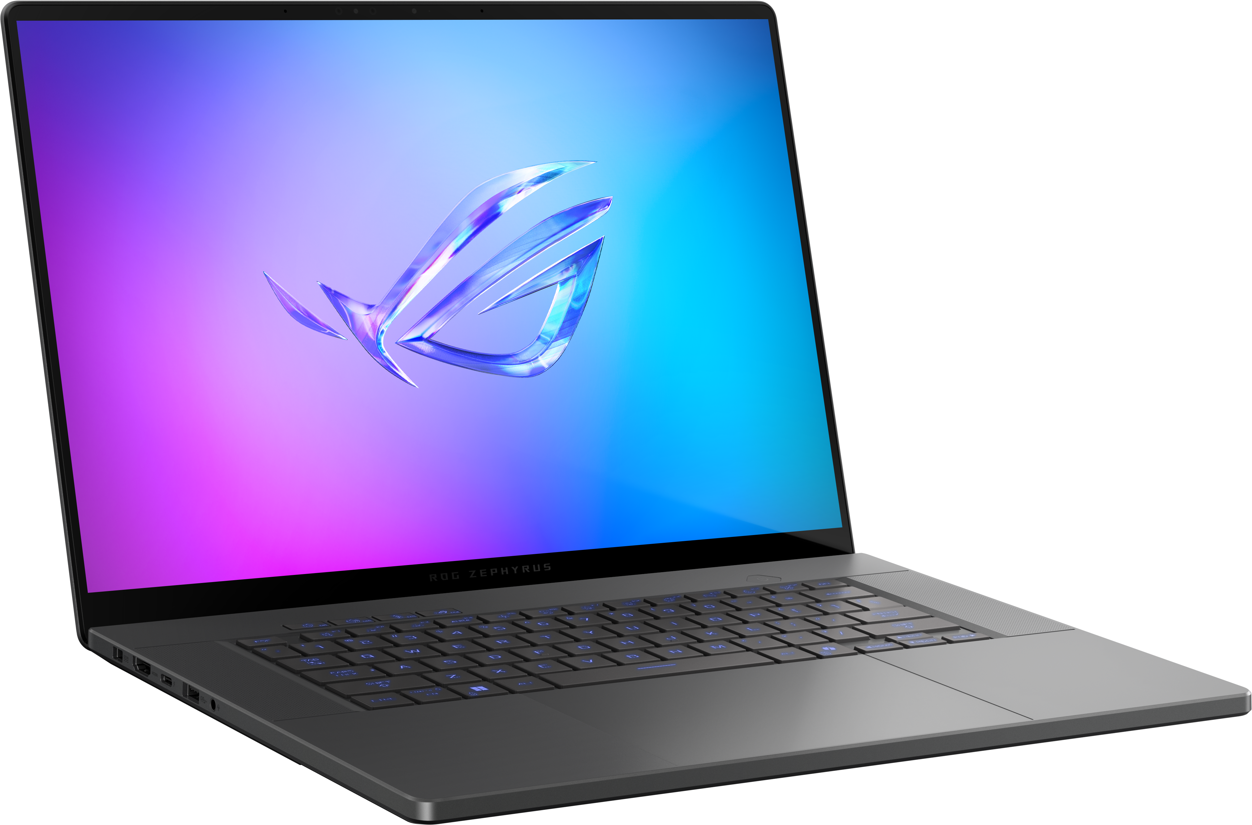 Ordinateur portable gris avec clavier rétroéclairé, logo ROG Zephyrus à l'écran.